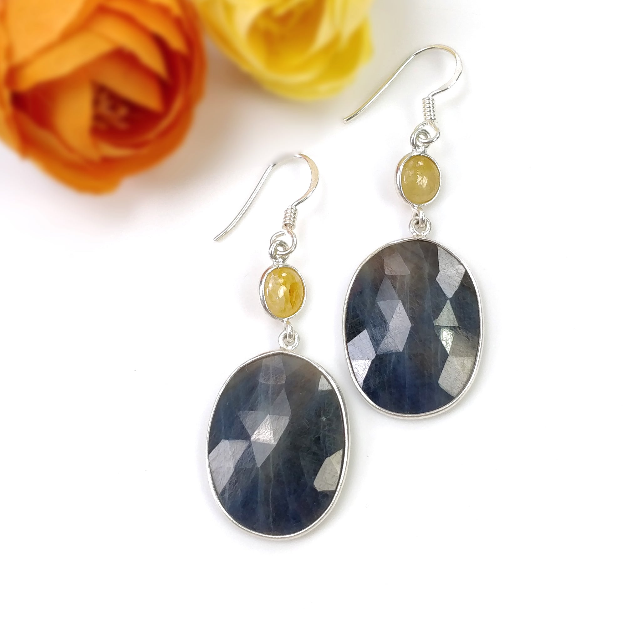 8.13g Natural Sapphire 925 Sterling Silver Drop Dangle Earrings for Women - Bezel Set Hook Earrings with Multi Sapphire Gemstones | Perfect for Weddings, Parties & Special Occasions