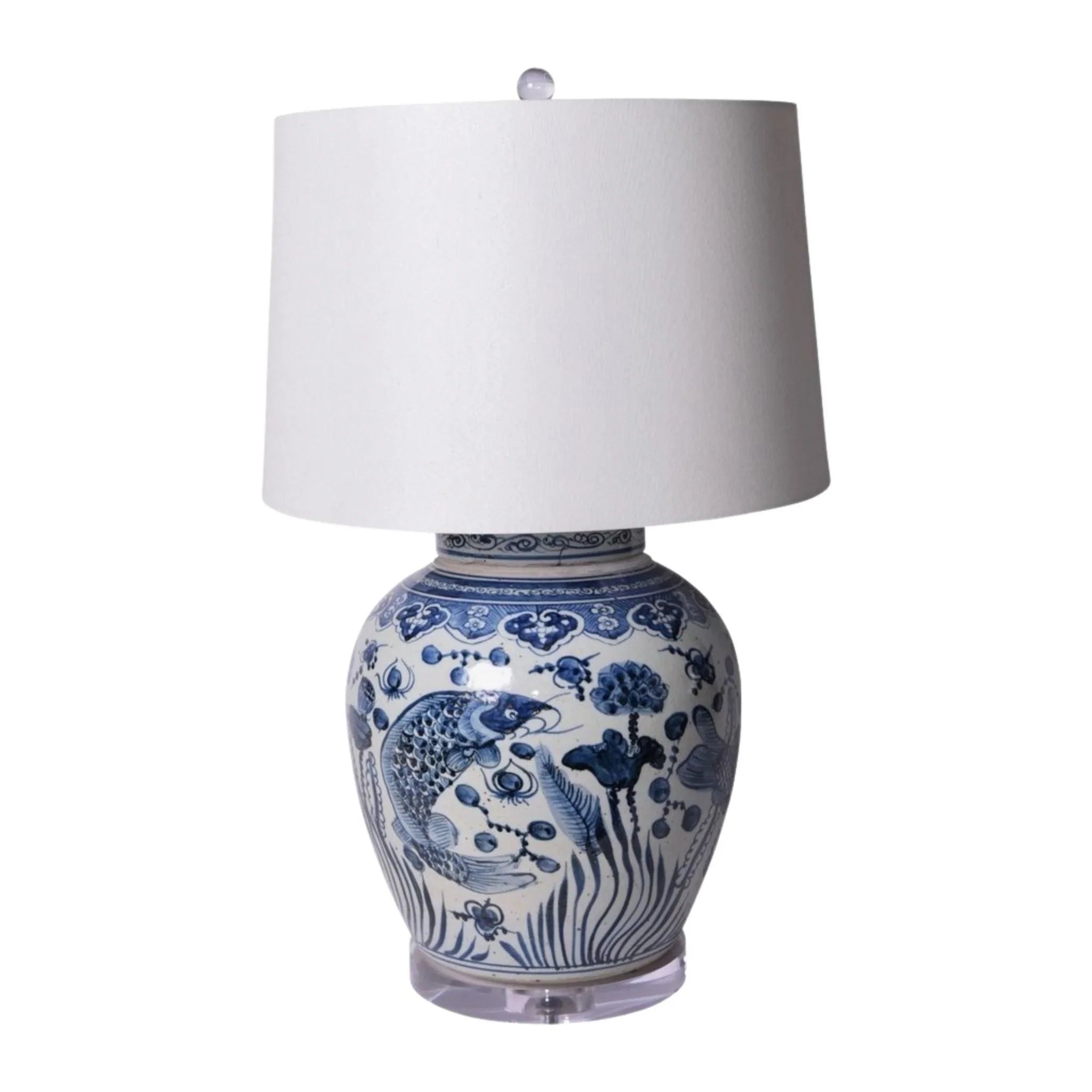 Blue and White Porcelain Table Lamp with Ancestor Fish Design - Vintage Chinese Style Decorative Lighting for Living Room, Bedroom, or Office