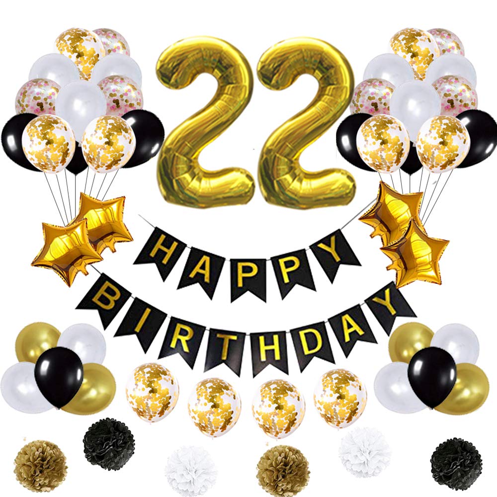 22nd Birthday Party Decorations Set - Happy Birthday Banner, Pom Pom Flowers, Gold Mylar Balloons & Latex Balloons with Number 22 Foil Balloons - Perfect for Birthday Celebrations, Photo Backdrops & Party Decor
