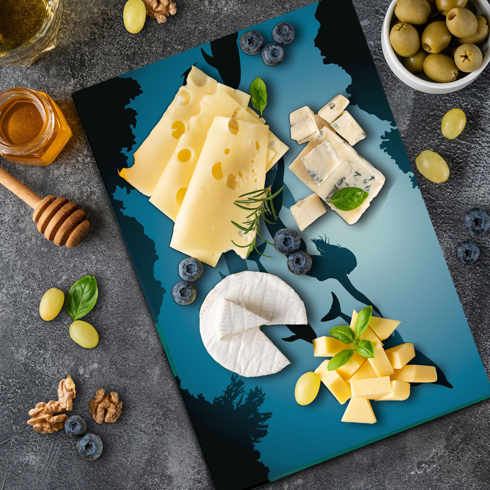 Ambesonne Underwater Themed Tempered Glass Cutting Board - Mermaid & Dolphins Sea Life Design, Large Blue Black Petrol Serving Board for Kitchen & Dining - Perfect for Seafood Meals, Charcuterie Platters & Home Decor