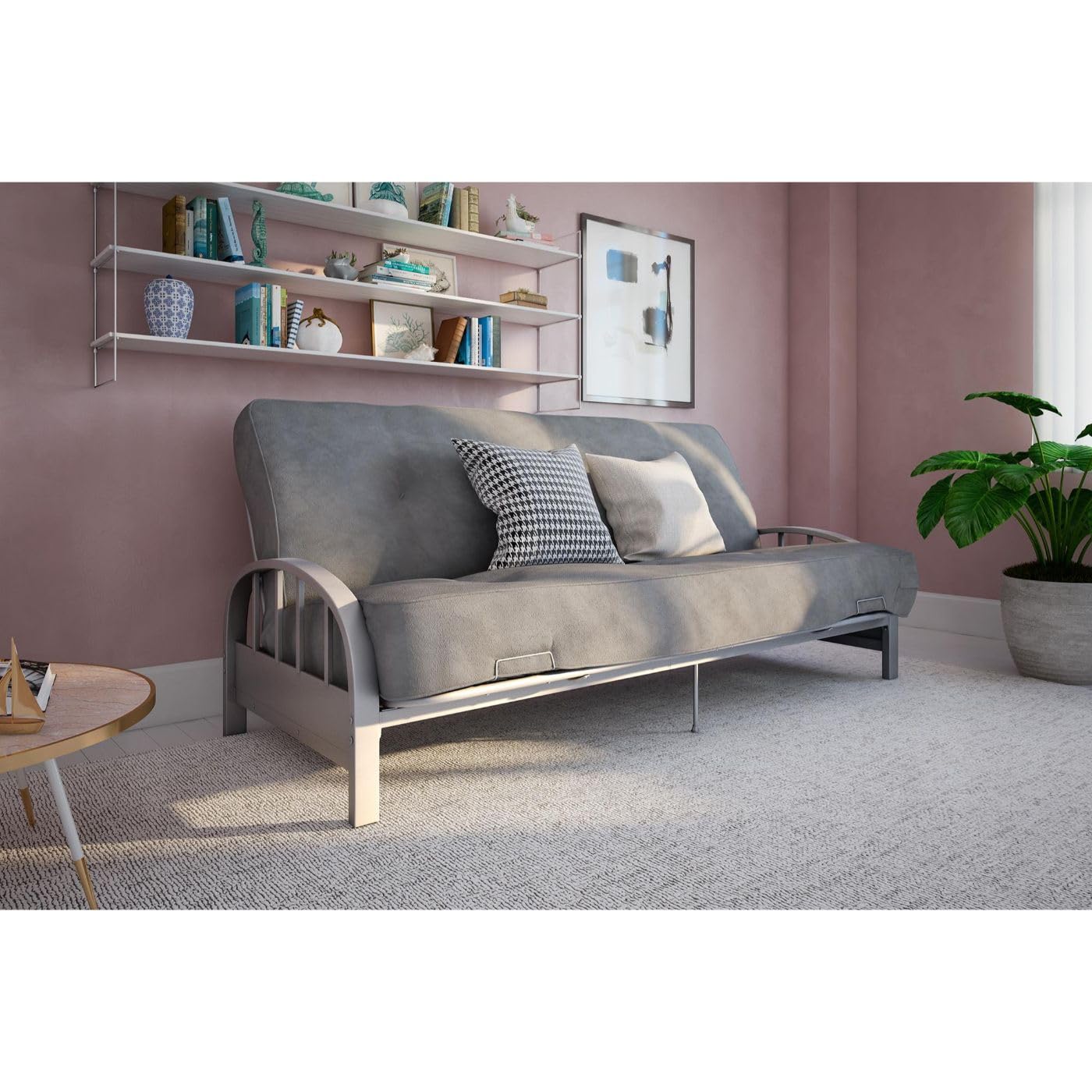 DHP Aiden Full Size Metal Futon Frame in Silver - Space Saving Convertible Sofa Bed for Small Apartments, Guest Rooms & Dorm Living