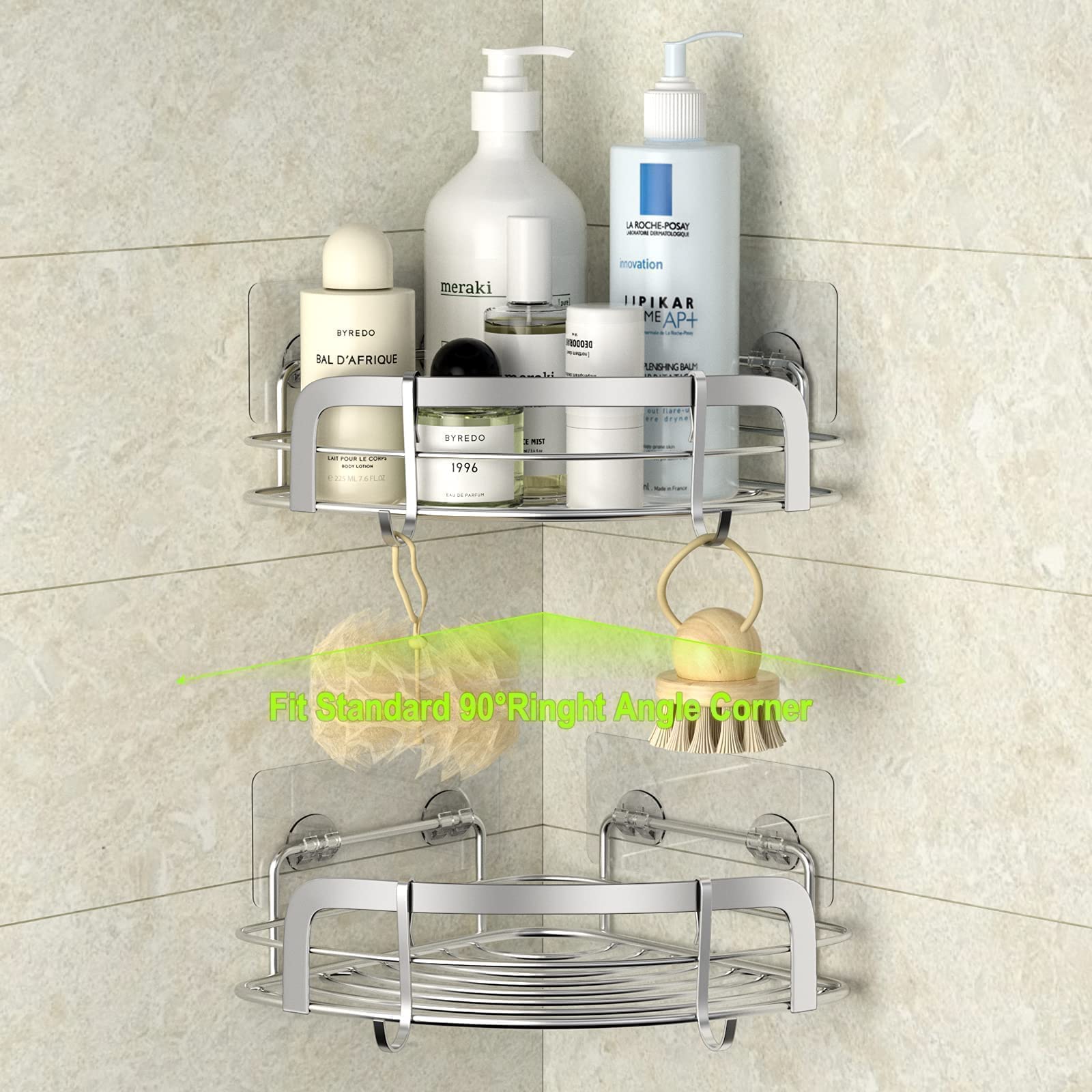 STEUGO 2 Pack Corner Shower Caddy - No Drill Adhesive Wall Mounted Bathroom Shelf with 4 Adjustable Hooks - Rustproof Stainless Steel Storage Organizer for Shampoo, Soap & Bath Accessories - Perfect for Small Showers, Apartments & Dorm Rooms
