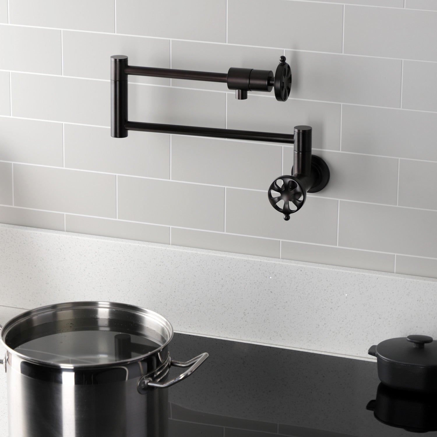 Belknap KS4105RX Oil Rubbed Bronze Two Handle Wall Mount Pot Filler Faucet - Perfect for Kitchen Sink, Stove & Cooking Area