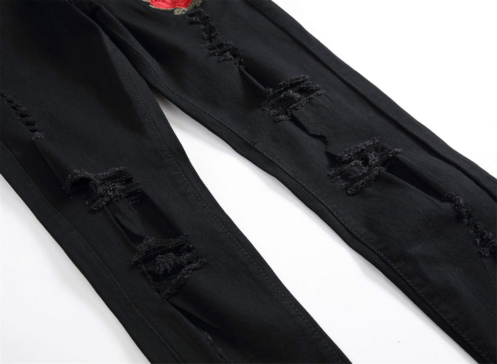 Men's Skinny Fit Floral Embroidered Ripped Distressed Jeans - Stretch Denim Pants with Rose Design (Size 28, Black) | Perfect for Casual Outings, Streetwear & Fashionable Looks