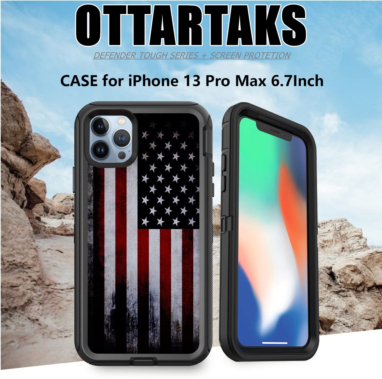 Shockproof iPhone 13 Pro Max Case with Screen Protector | Heavy Duty Protective Cover for Men & Boys | Patriotic Old American Flag Design | 6.7 Inch | Perfect for Outdoor Activities, Travel & Daily Protection