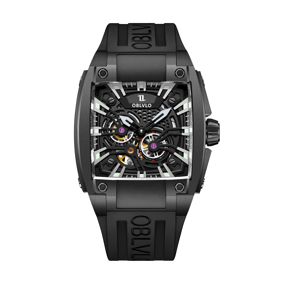 OBLVLO Men's Automatic Watch - Super Luminous Skeleton Dial, Luxury Square Sports Watch with Rubber Strap - Perfect for Business, Casual Wear & Nighttime Visibility