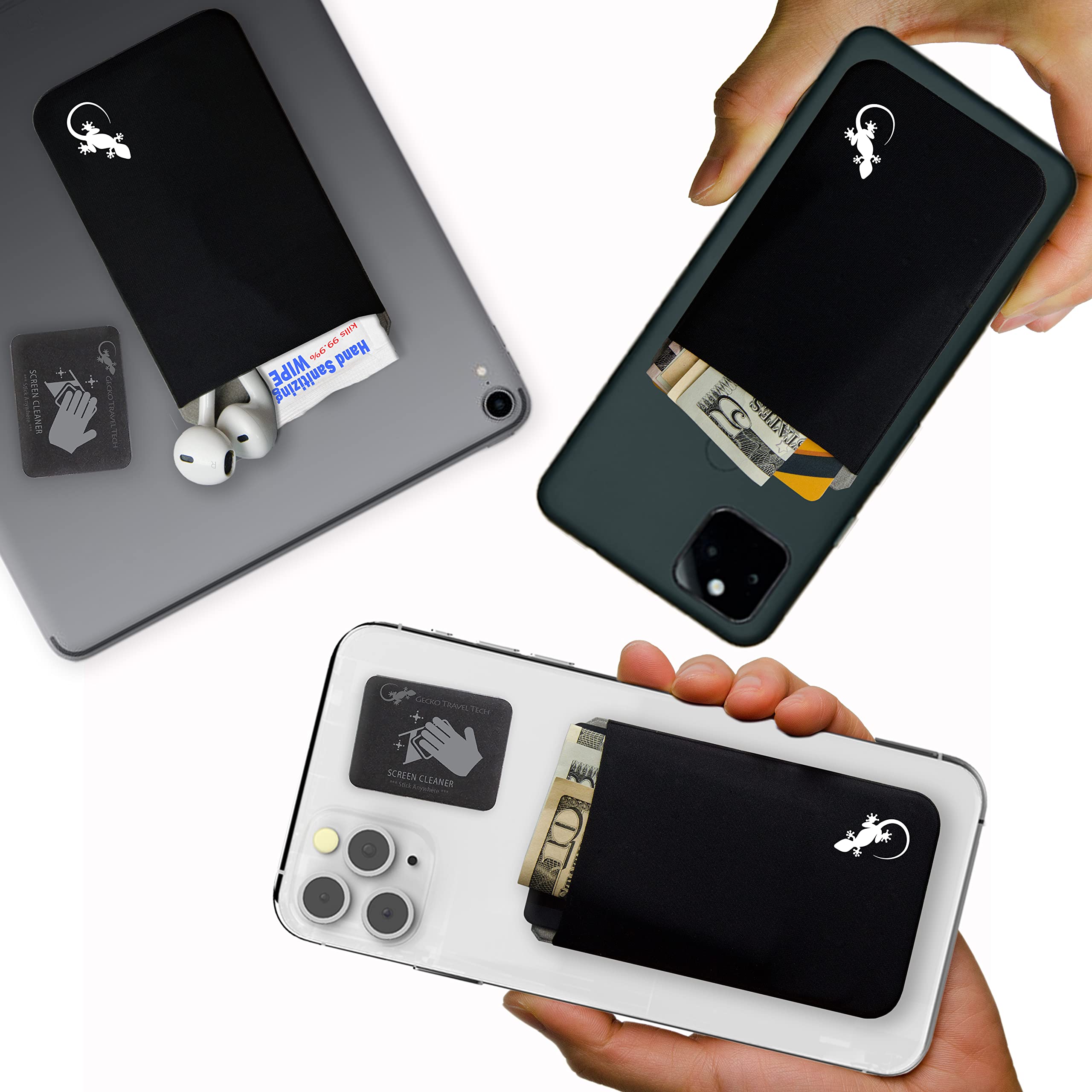 Gecko Stick-On Phone Wallet - Slim Adhesive Card Holder for Credit Cards & Cash - Secure Lycra Pouch for iPhone & Android - Perfect for Travel, Gym & Everyday Use