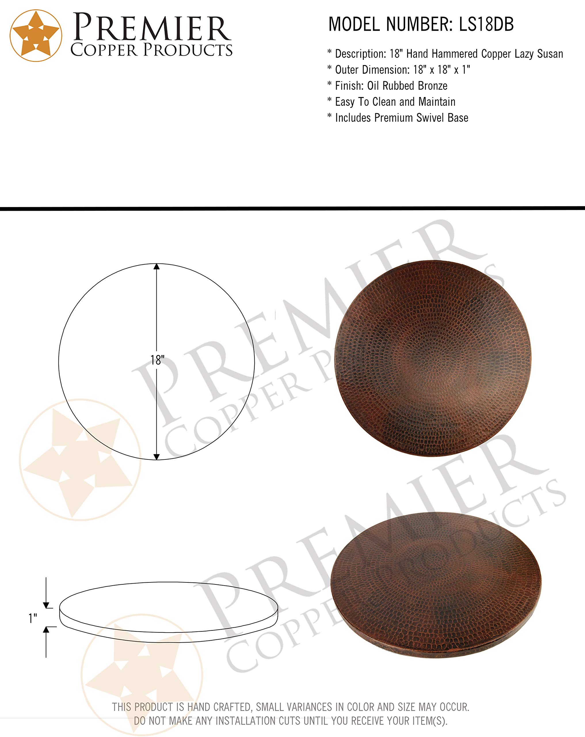 Premier Copper Products LS18DB 18-Inch Hand Hammered Copper Lazy Susan Turntable - Oil Rubbed Bronze Finish - Perfect for Dining Tables, Kitchen Countertops & Buffet Serving