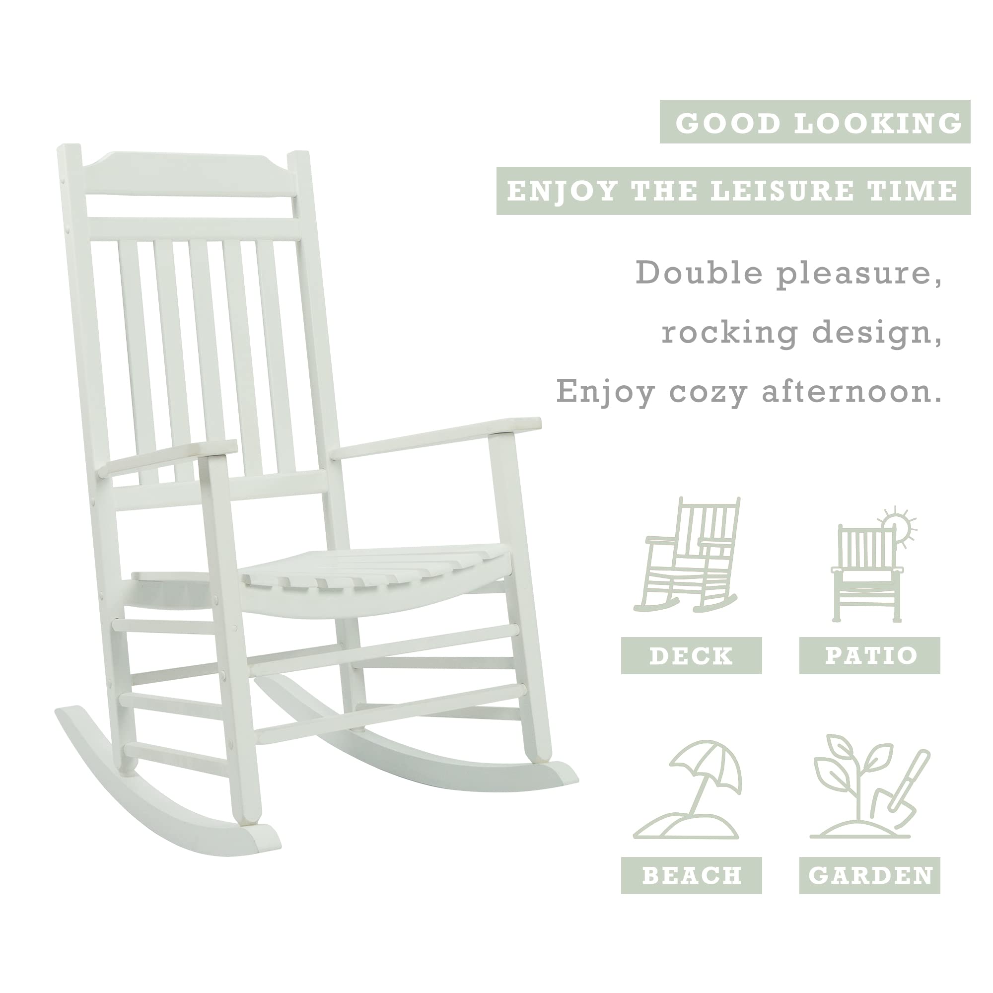 Kozyard High Back Slat Rocking Chair - Solid Wood Outdoor Rocking Chair for Front Porch, Patio, Garden or Living Room - Comfortable White Rocking Chair for Relaxing, Reading & Enjoying Nature