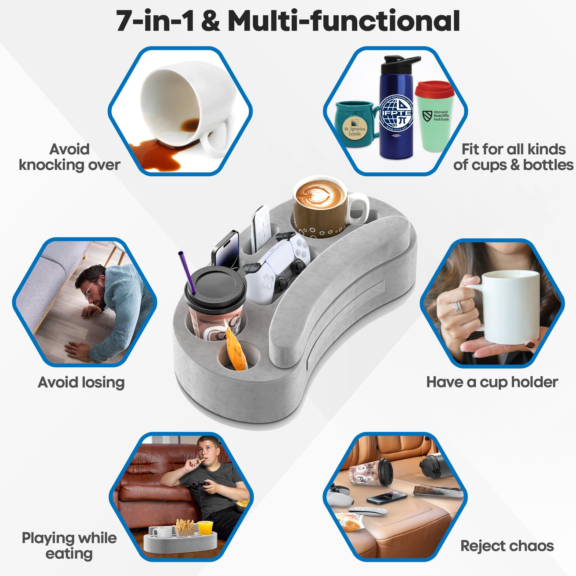**6-Slot Couch Cup Holder Pillow Tray with Armrest Cushion - Multi-Functional Gaming Caddy for Drinks, Controller, Remote & Phone - Perfect for Gaming, Movie Nights & Relaxing on the Couch**