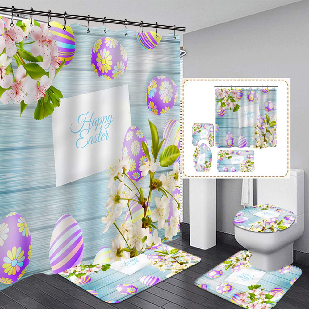 Easter Shower Curtain Set - 4PCS Spring Bunny Rabbit Egg Design with Non-Slip Bath Mat, Toilet Lid Cover & Hooks | Waterproof Bathroom Decor for Easter Celebration | Perfect for Holiday Home Decor & Gift Giving