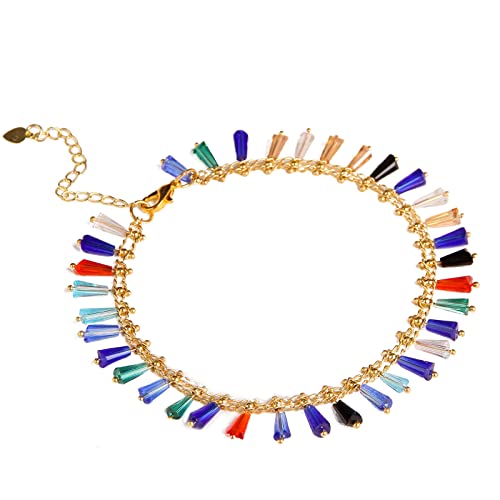 FTCY Adjustable Rainbow Copper Ankle Bracelet for Women - 8.7-10.9 Inch Natural Stone Colorful Anklet | Perfect for Beach, Summer Outfits & Boho Fashion Accessories