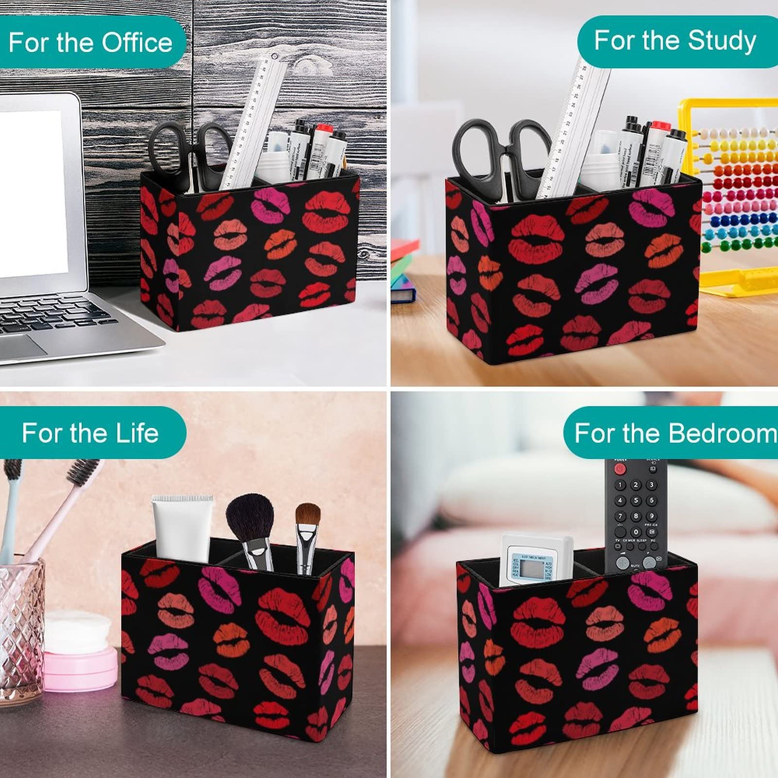Red Lipstick Kiss Pen Holder - Leather Desk Pencil Organizer for Office, School & College | Stylish Makeup Brush & Pen Storage | Perfect for Workstations, Study Desks & Vanity Tables