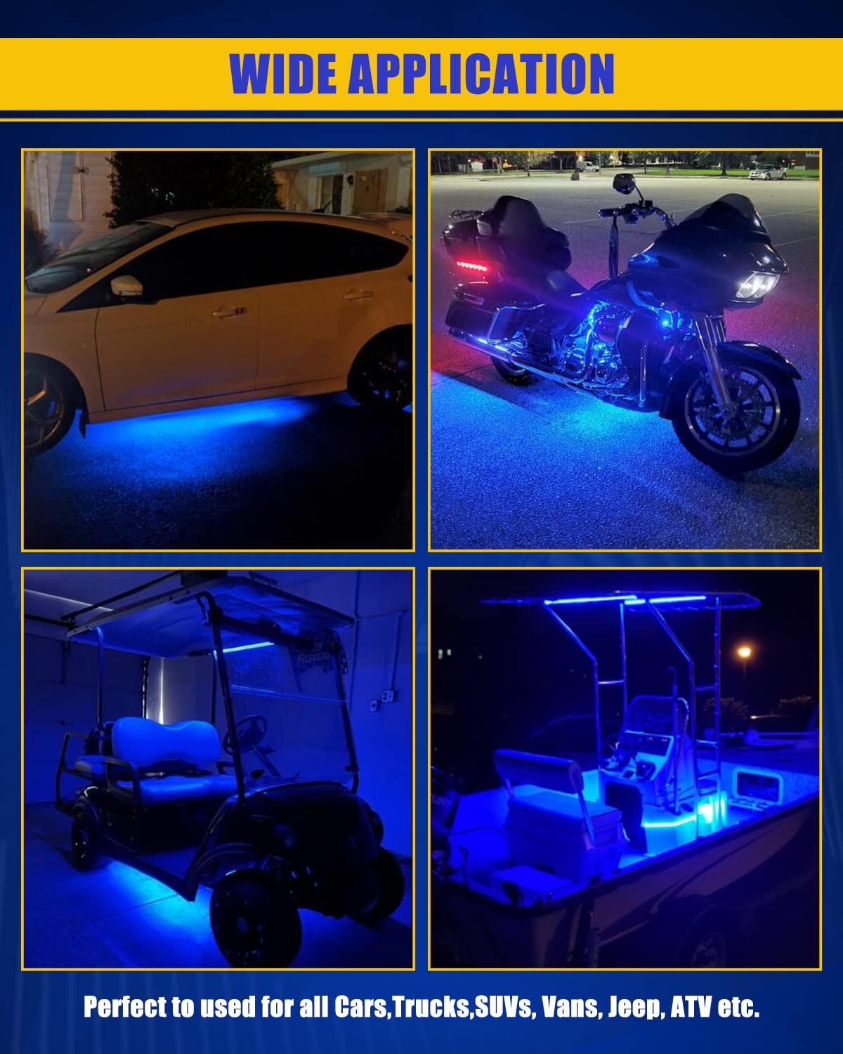 Blue LED Strip Lights 24 Inch, 12V Waterproof Car LED Light Strips - Cuttable for Cars, Motorcycles, Boats, Golf Carts, Trucks & Home Decoration (4PCS) | Durable Nano Tape for Indoor & Outdoor Use
