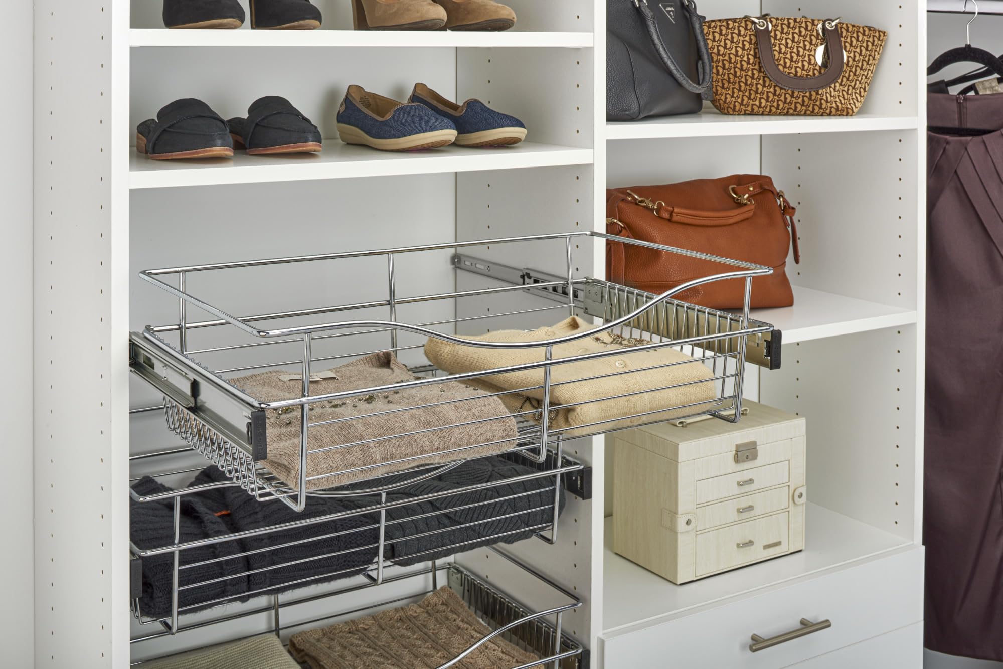 Rev-A-Shelf CB-242011CR-1 Chrome Closet Pull-Out Basket - Space Saving Organizer for Bedroom, Bathroom & Closet Storage