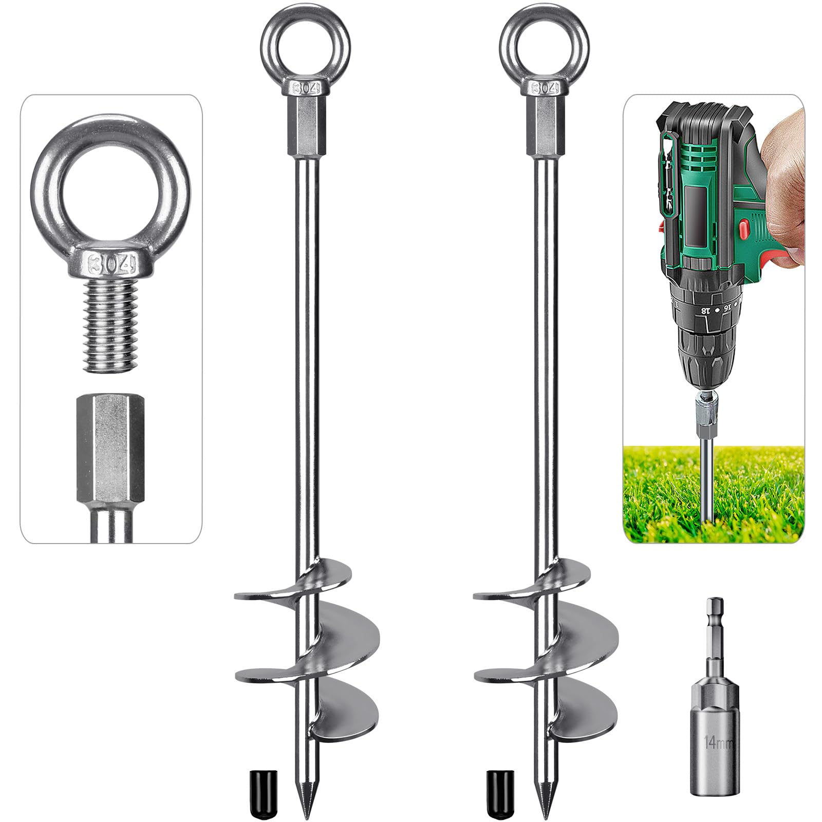 18'' Heavy Duty Fully Welded Screw-in Ground Anchors - 2 Pack Wide Spiral Earth Anchors for Swing Sets, Trampolines, Sheds & Mobile Homes - Wind Resistant Outdoor Anchoring System for Secure Stabilization in All Weather Conditions