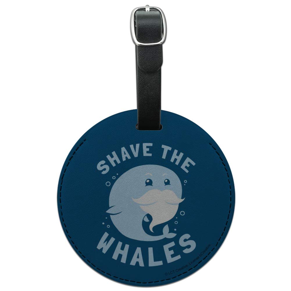 Shave The Whales Save Mustache Beard Round Leather Luggage Tag - Vintage Style Leather ID Tag for Travel Bags, Suitcases & Backpacks - Perfect for Business Trips, Vacations & Unique Gift Ideas