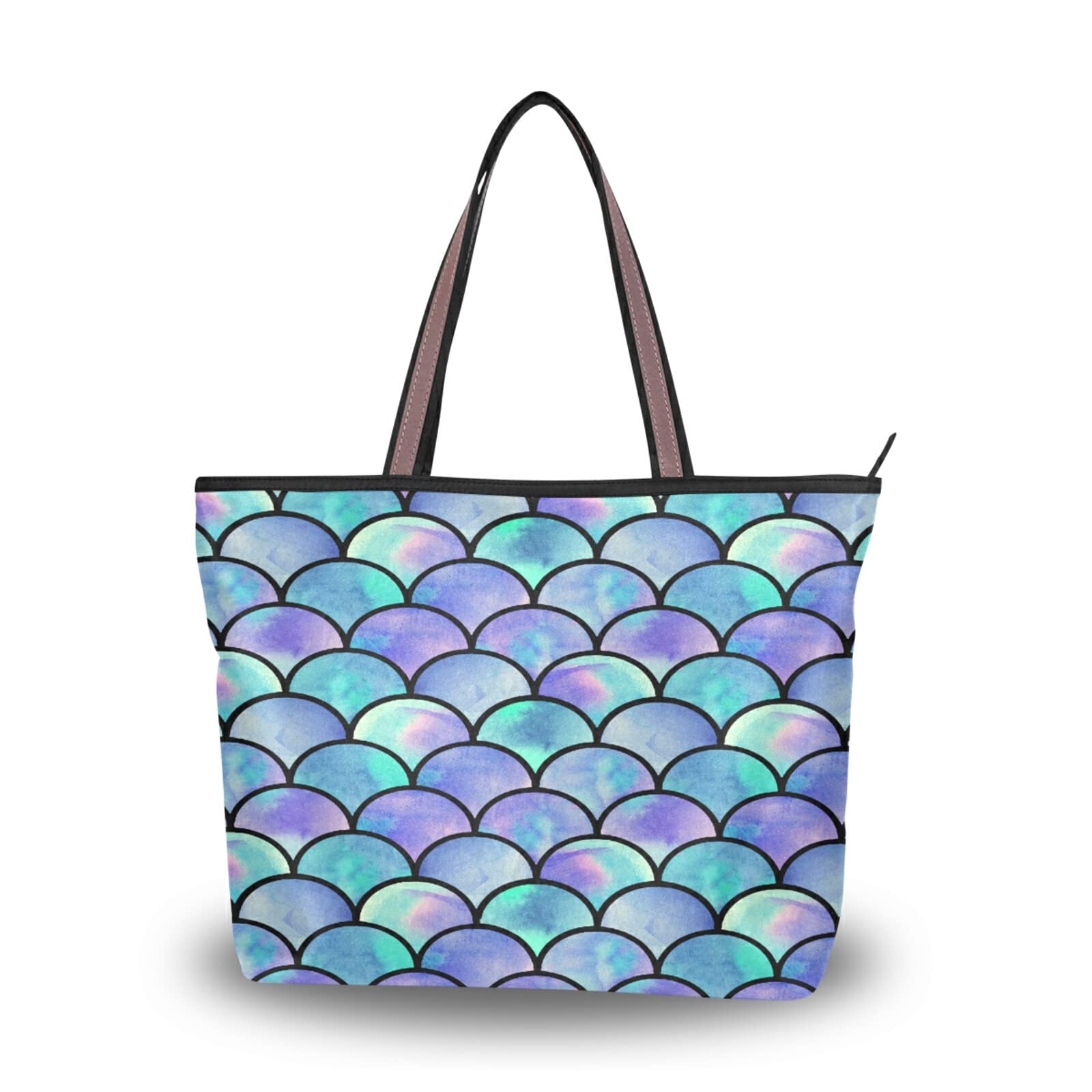 ALAZA Watercolor Rainbow Mermaid Scale Tote Bag - Reusable Zippered Shoulder Handbag for Women, Beach, Travel & Shopping | Trendy Fashion Accessory for Daily Use