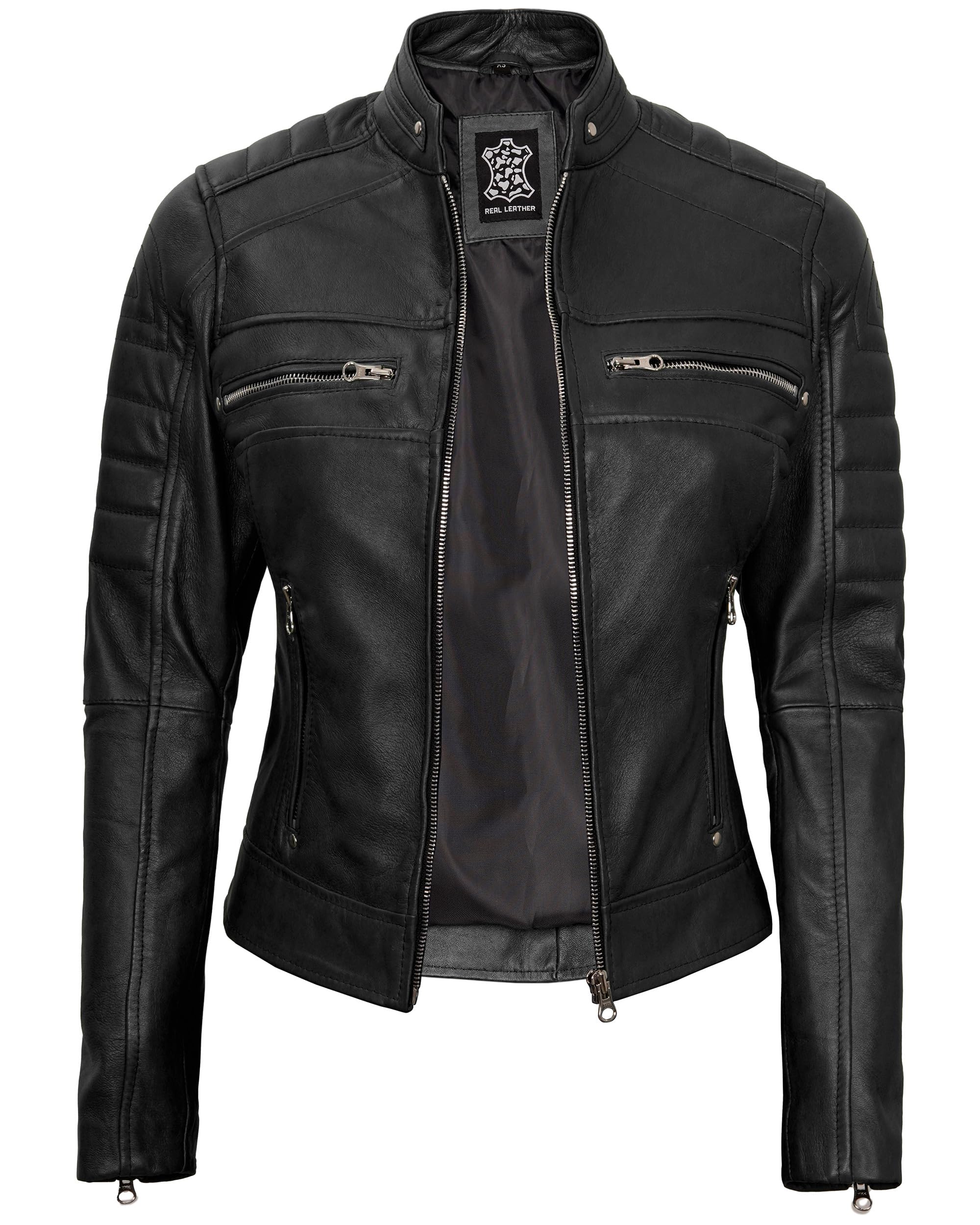 Genuine Leather Motorcycle Jacket for Women - Cafe Racer Style with Stand Collar, Natural Grain, Premium Biker Jacket for Riding & Casual Wear