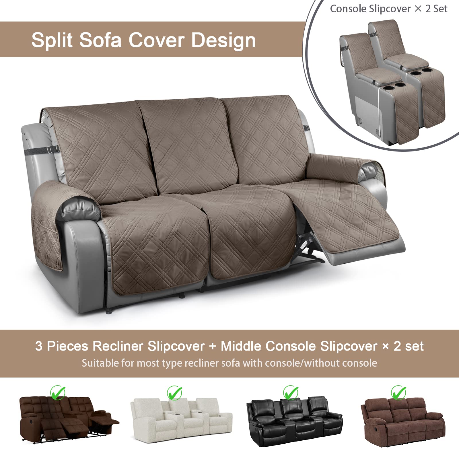 TAOCOCO 100% Waterproof Recliner Sofa Cover with Console - 3 Seater Stretchable Furniture Protector for Pets & Kids, Non-Slip Straps Design, Split Reclining Couch Cover (Taupe) - Perfect for Living Room, Home Theater & Family Gatherings