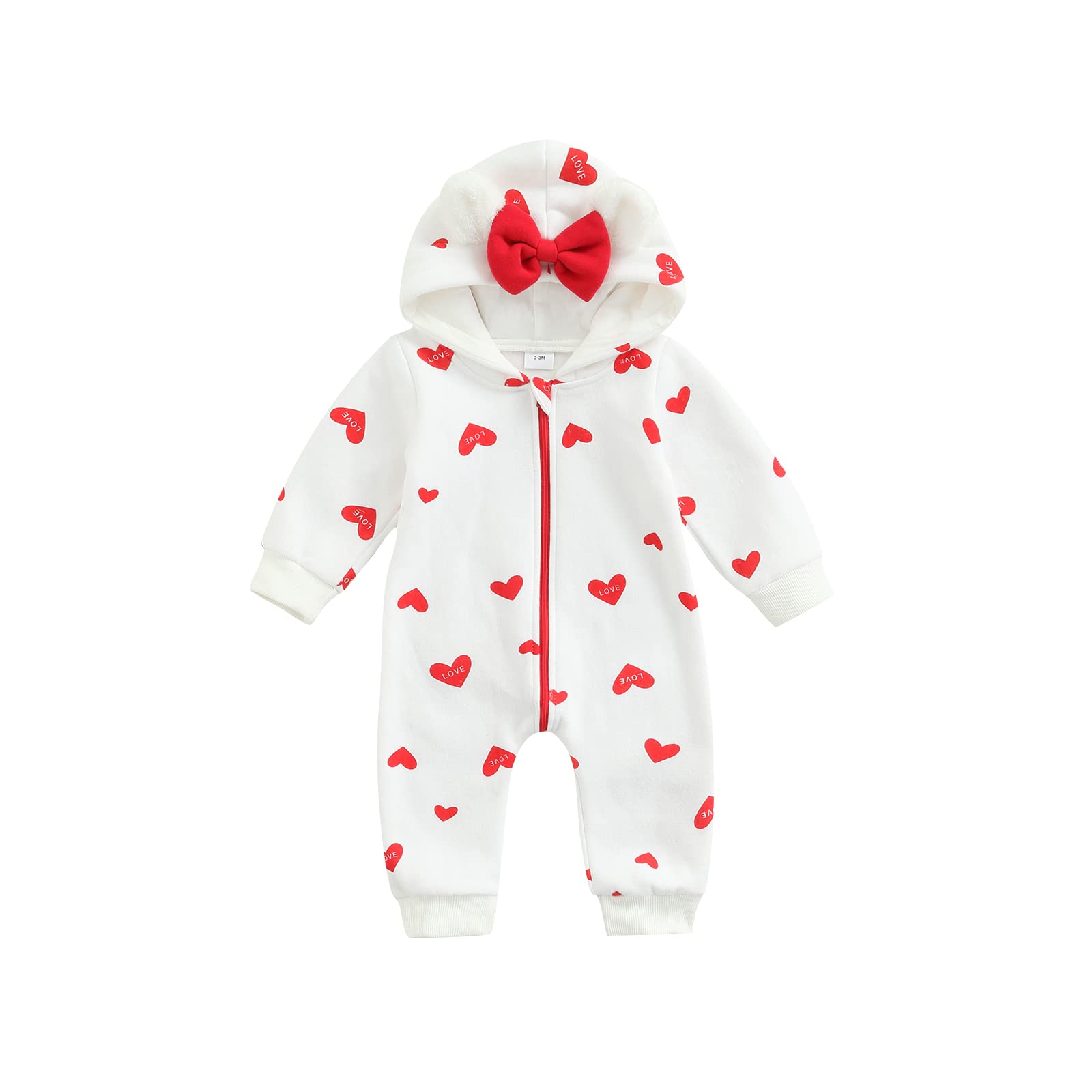 Valentine's Day Baby Romper Outfit - Cute Hooded Zipper Jumpsuit with Bow & Heart Design for Newborn Boys & Girls (White, 12-18 Months) - Perfect for Valentine's Photos, First Holidays & Special Occasions