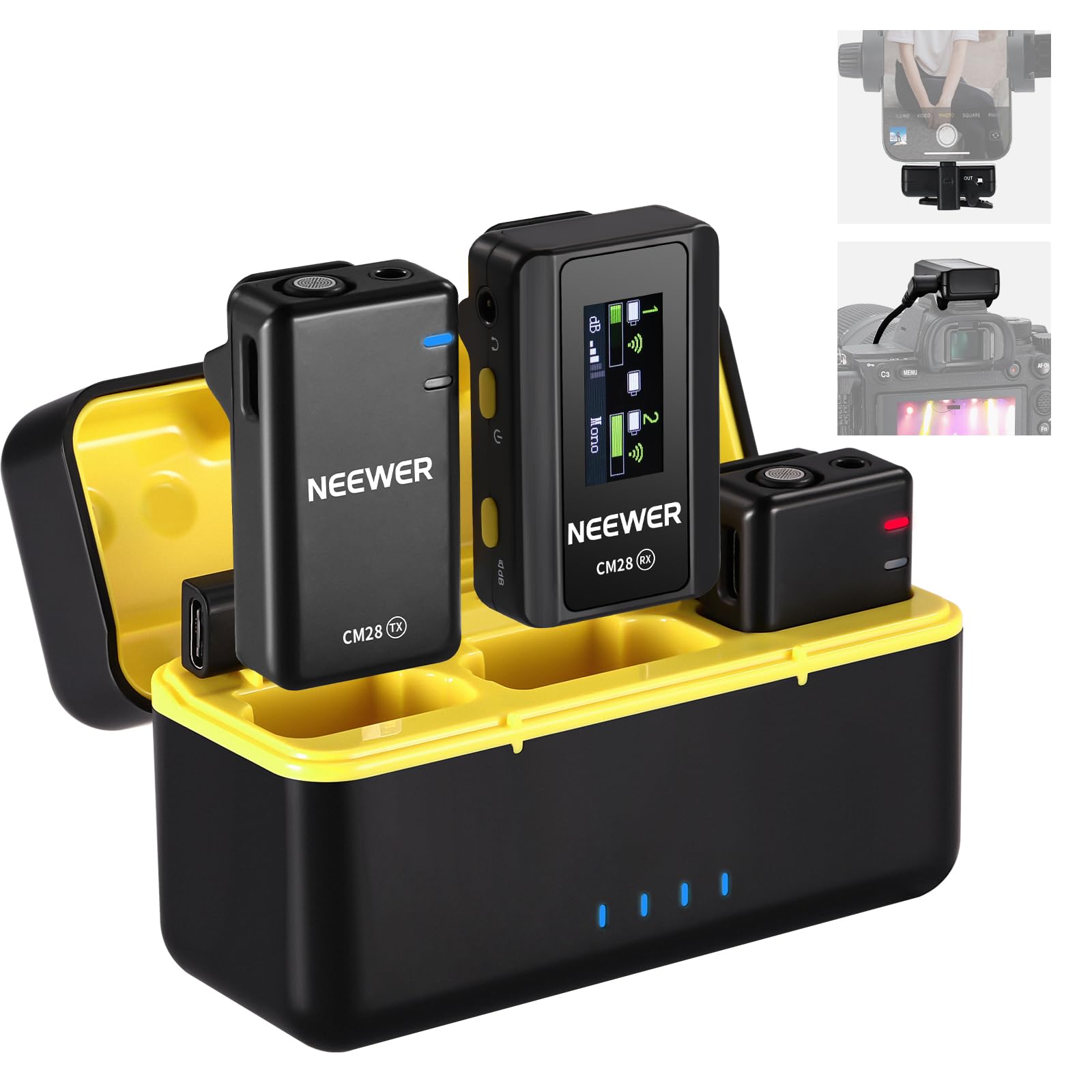 Neewer CM28 Wireless Lavalier Microphone System - Noise Canceling Lapel Mic with 4GB Storage, 9Hrs Recording, 48KHz 16-Bit Audio | Compatible with iPhone, iPad, Android, PC & Camera | Perfect for Vlogging, Interviews, Live Streaming & Podcasting