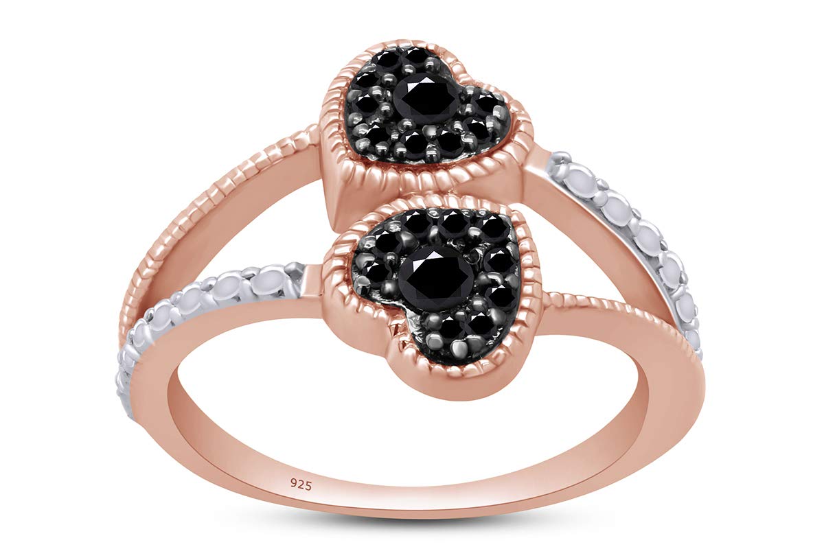 0.11 Ct Round Black Natural Diamond Double Heart Ring - 14k Gold Over Sterling Silver - Perfect for Anniversary, Engagement & Valentine's Day Gifts