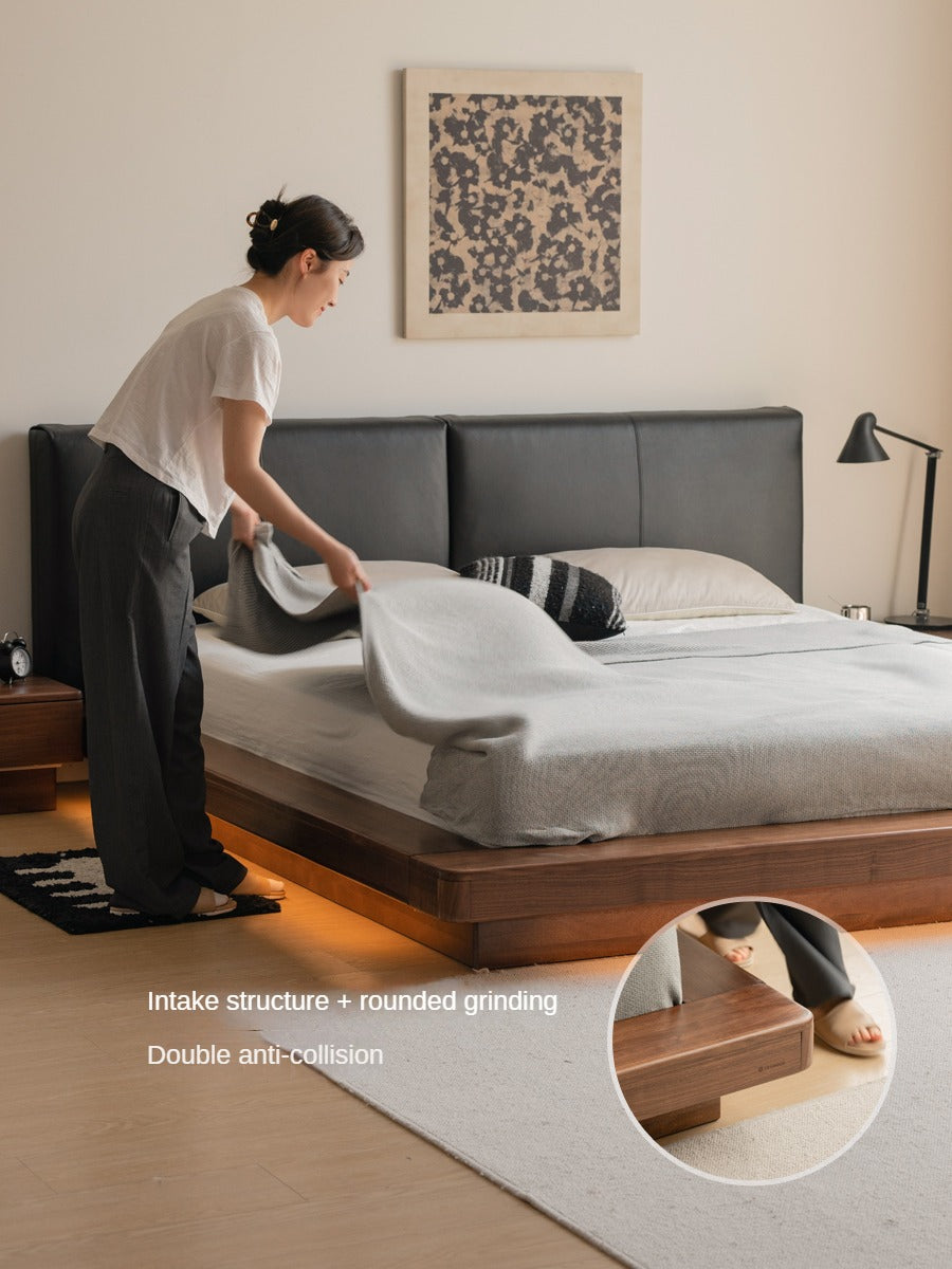 Premium Black Walnut Solid Wood Leather Upholstered Floating Bed Frame - Modern Platform Bed for Bedroom, Guest Room, or Master Suite