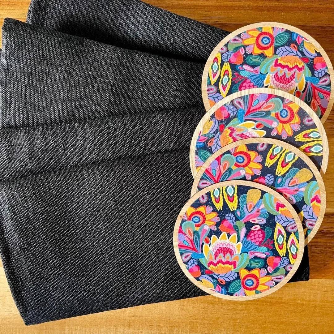 Fantasy Flora Wooden Coasters and Napkin Holder Set - Elegant Home Decor for Dining Table, Coffee Table, and Kitchen - Perfect for Parties, Weddings, and Daily Use