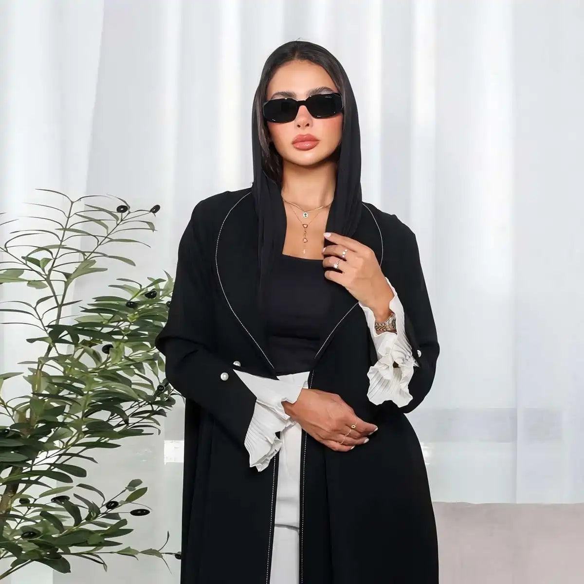 Urgarment Black Pleated Sleeve Open Abaya Dress #25170 - Elegant Muslim Women's Cardigan for Prayer, Home & Special Occasions