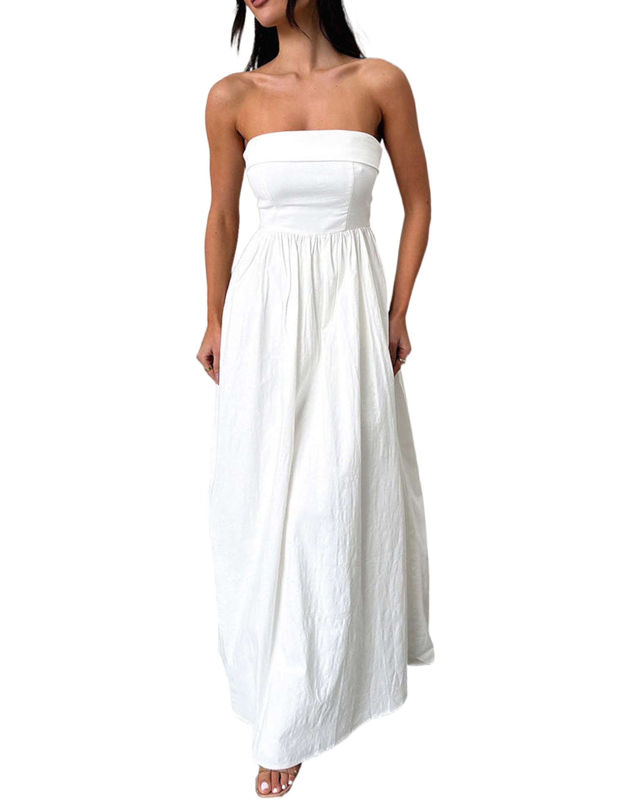 2024 Trendy Women's Summer Strapless Maxi Tube Dress - Solid Pleated Flowy Wedding Guest Dress for Party, Club & Beach Vacation | Elegant Evening Wear & Casual Outfit