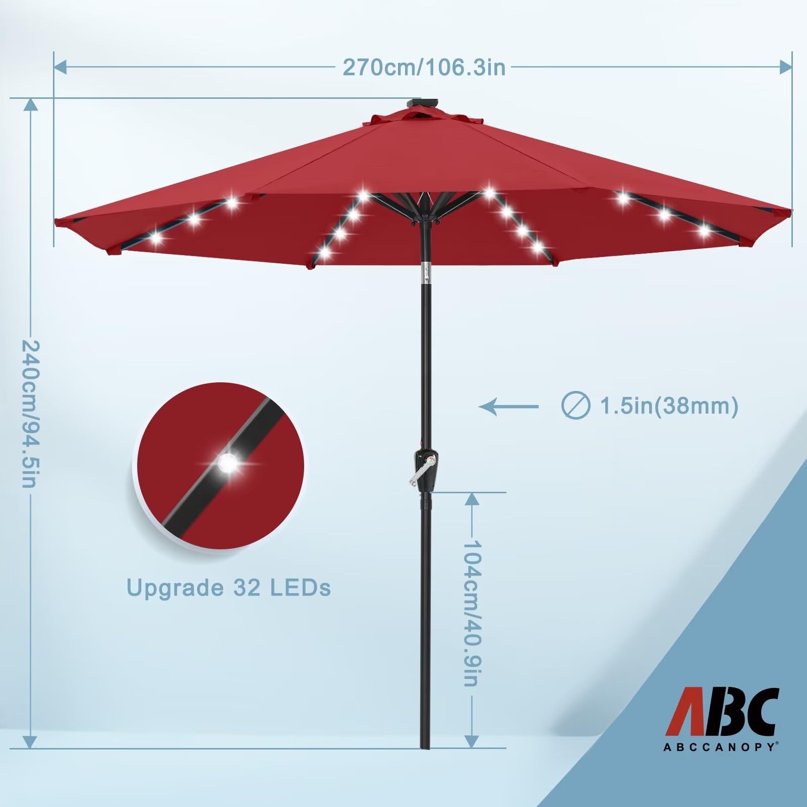 Durable 9FT Solar LED Patio Umbrella with 32 LED Lights - Burgundy Color for Outdoor Dining, Poolside Relaxation & Backyard Parties