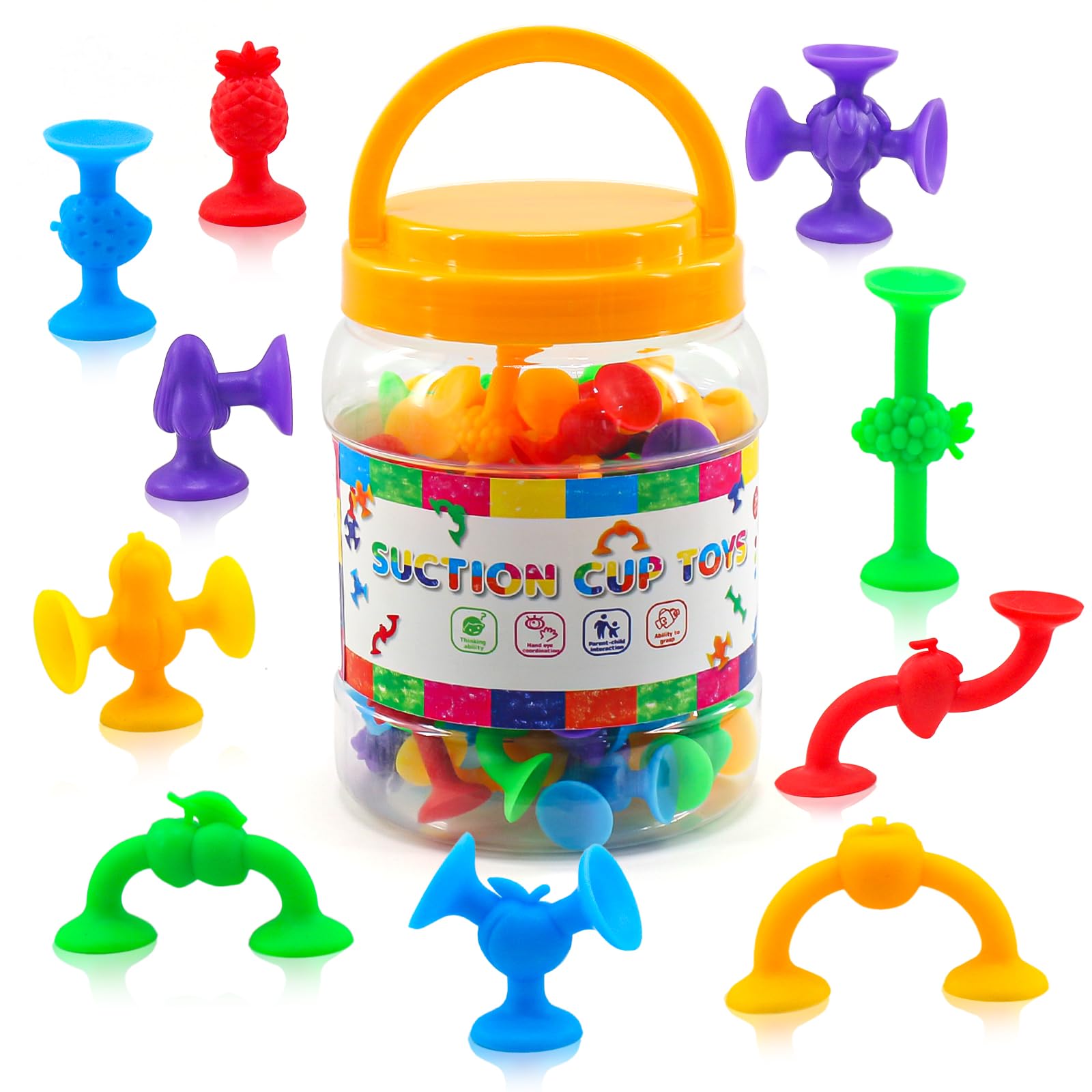 50 Pcs Silicone Fruit Sucker Toys for Kids Ages 3-6 | Fun Bath & Stress Relief Toys with Storage | Perfect for Toddler Sensory Play & Bathtime Fun