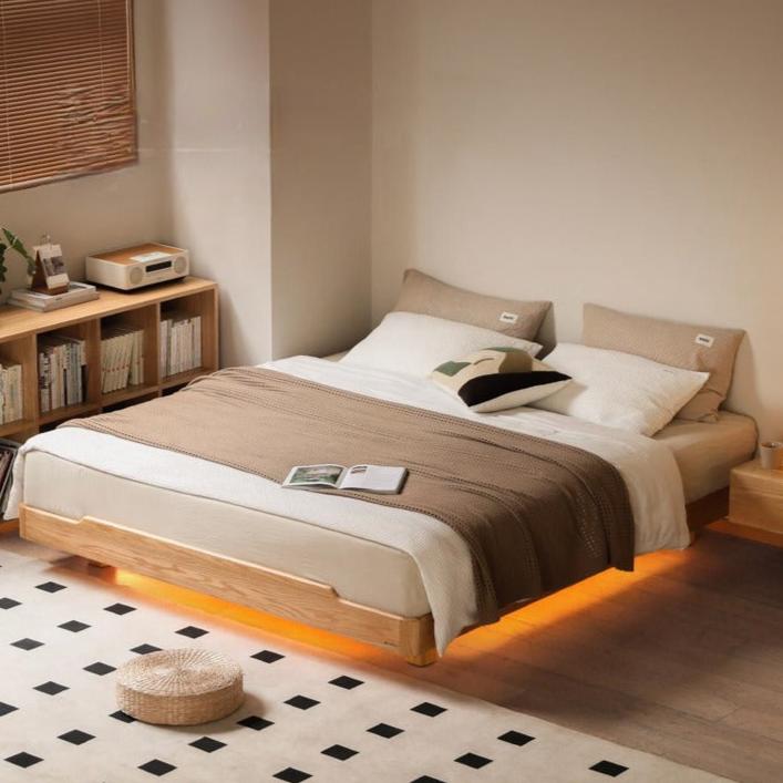 Modern Solid Wood Platform Bed - Oak & Beech Frame, Floating Design with Optional Headboard & LED Lighting - Perfect for Contemporary Bedrooms & Minimalist Home Decor