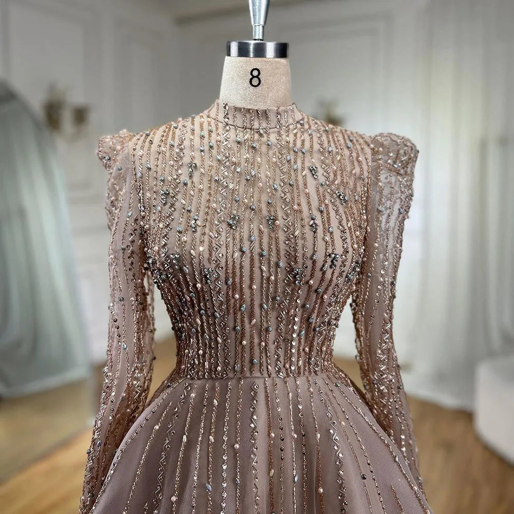 Serene Hill Muslim A-Line Luxury Pearl Beaded Nude Midi Ankle-Length Evening Dress Gown for Women - Formal Wedding Party LA72176 | Elegant Occasions, Bridal Events & Special Celebrations
