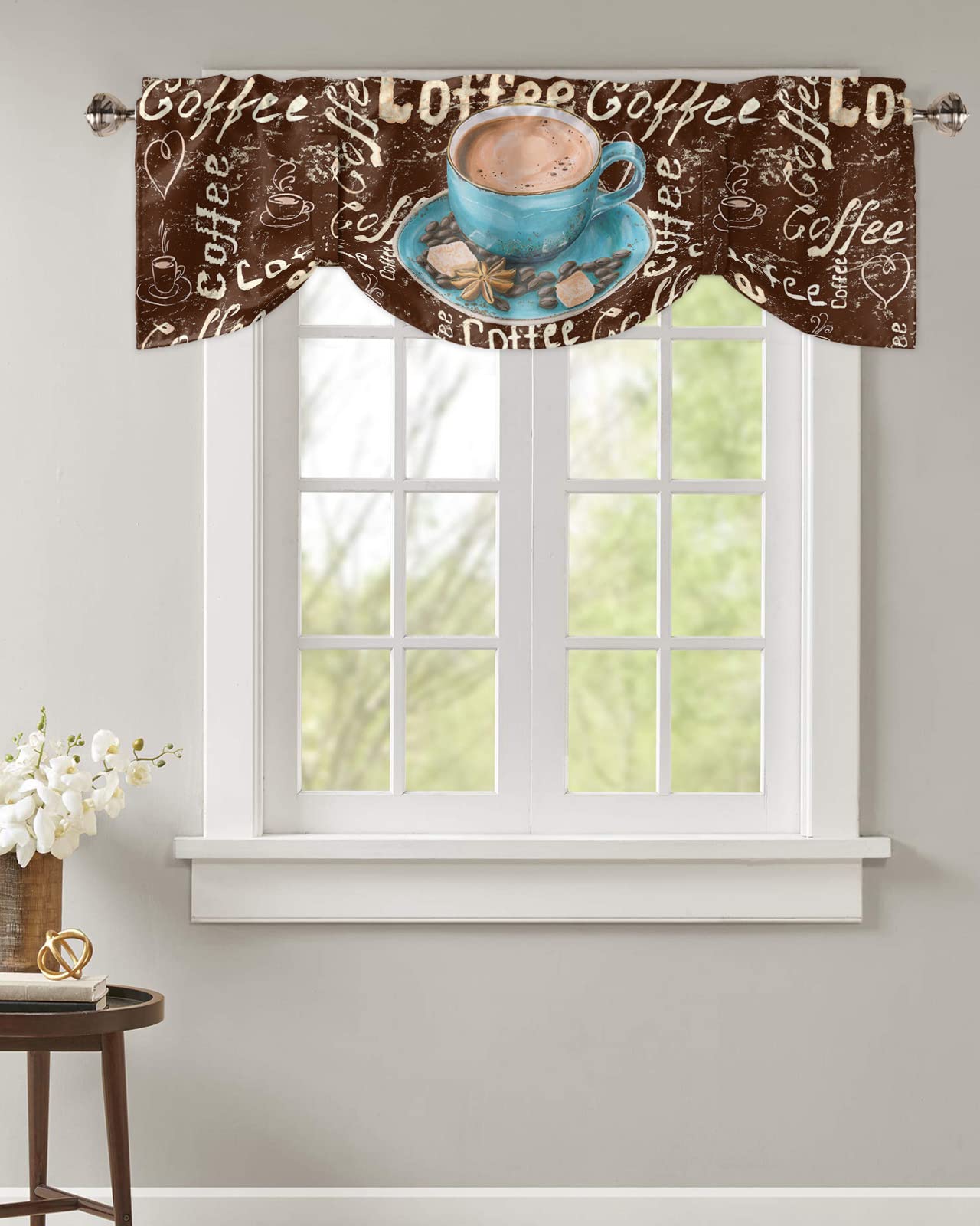 Premium Washable Coffee Bean & Sugar Tie-Up Window Valances - 54x18 Inch Farmhouse Kitchen Curtains for Cafe, Living Room, Bedroom & Bathroom - Rustic Barn Decor & Cozy Home Accents