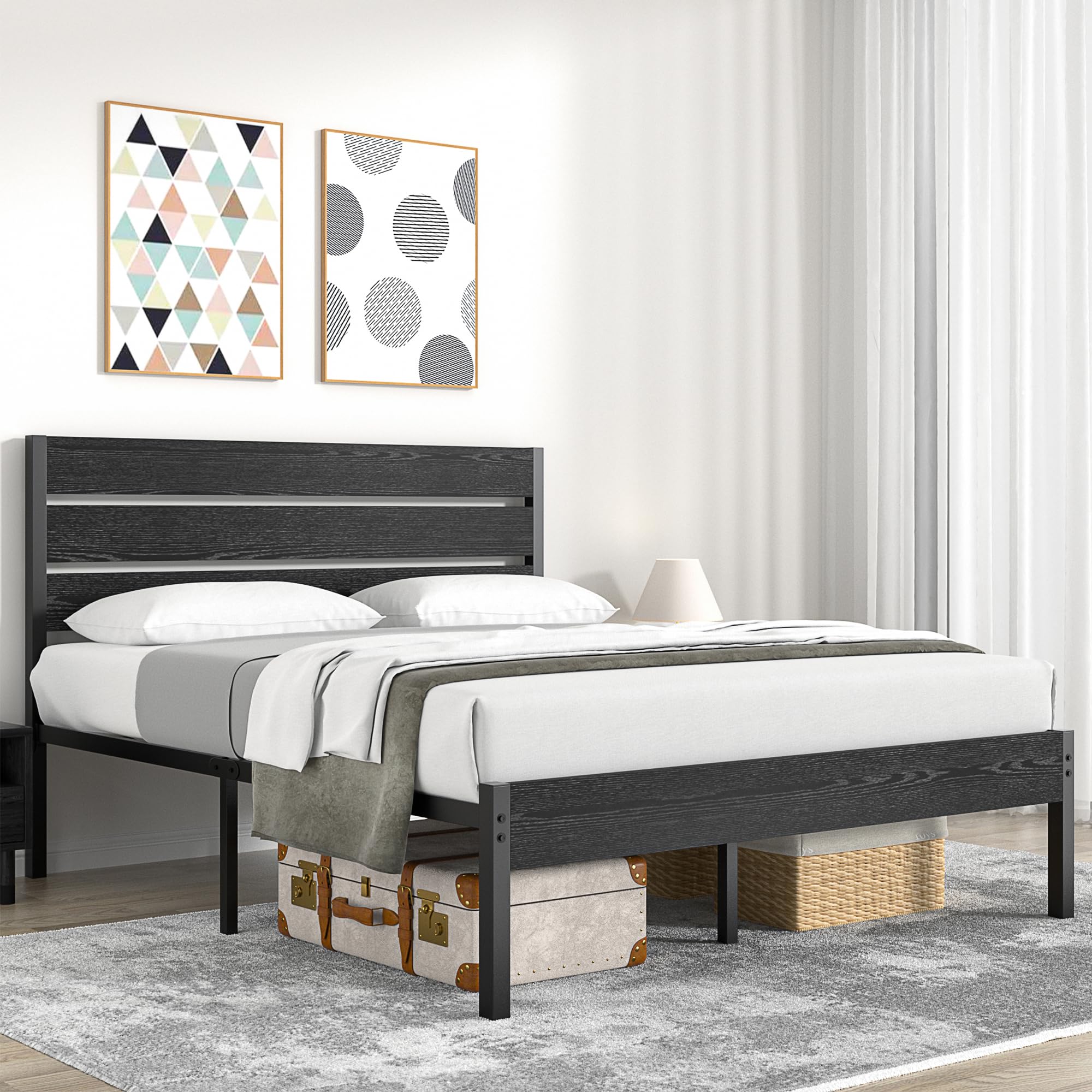 VECELO Queen Size Bed Frame with Wooden Headboard & Footboard - Heavy Duty Metal Platform Frame with Slat Support System, 12 Inch Under Bed Storage Space, No Box Spring Required in Rustic Black Finish | Perfect for Master Bedrooms, Guest Rooms & Small Apartments