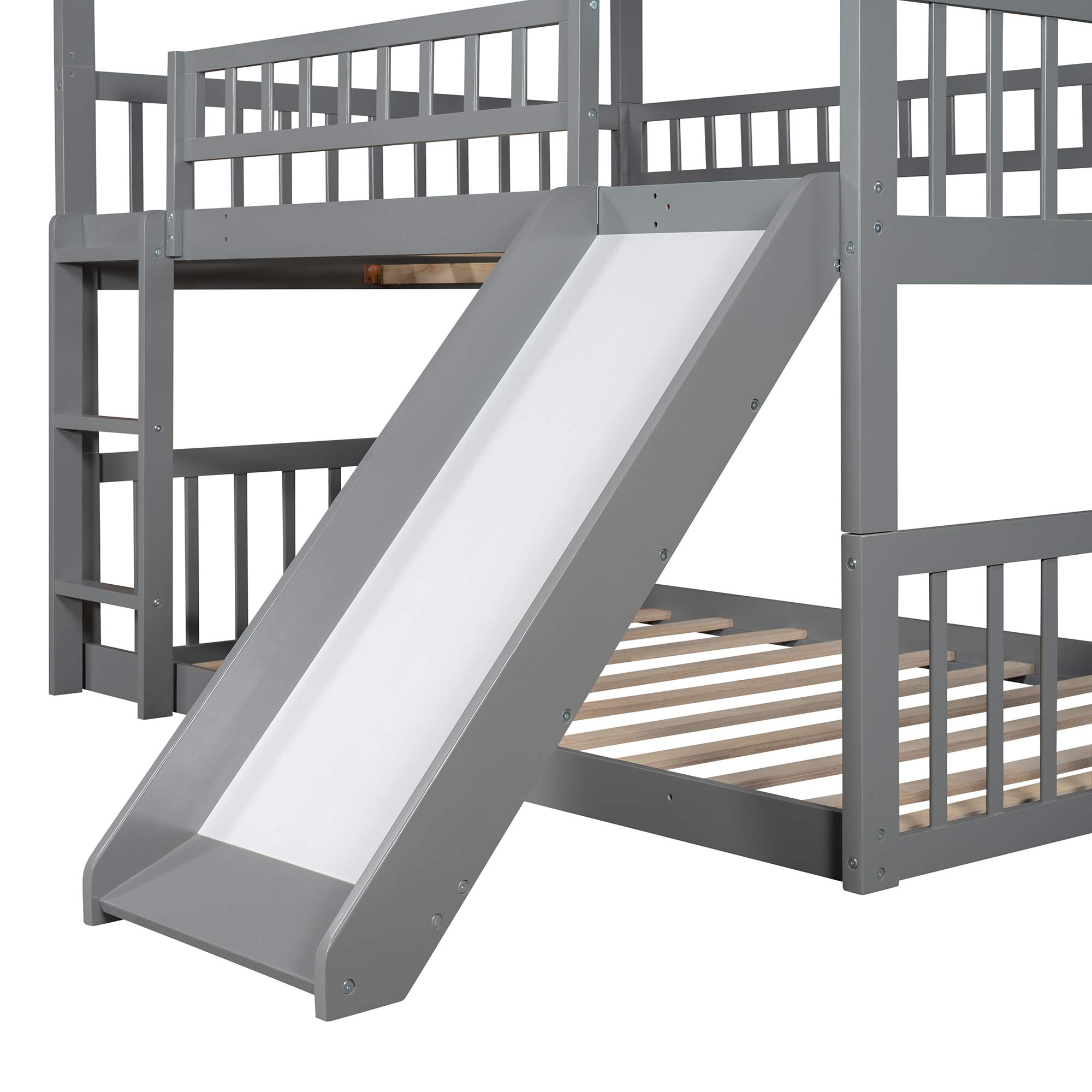 Harper & Bright Designs Triple Bunk Beds with Slide - Full Over Full Over Full Wooden Bunk Bed Frame with Built-in Ladder for Kids, Teens & Adults - Space Saving Bedroom Furniture for Small Rooms, Dorms, Vacation Homes & Shared Kids' Rooms (Gray)