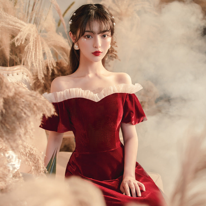 Burgundy Off Shoulder Long Prom Dress - A-Line Velvet Evening Gown for Homecoming, Wedding & Formal Events | Style 566
