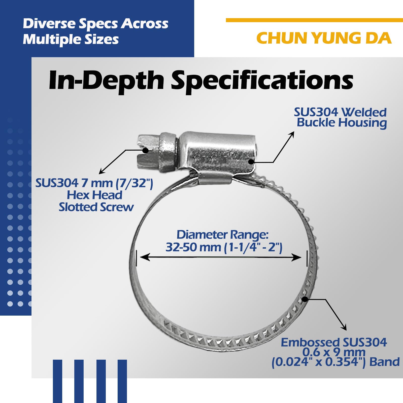 Heavy Duty 304 Stainless Steel Embossed Worm Gear Hose Clamps - 1-1/4 to 2 Inch Adjustable (32-50mm) - 10 Pack for Pool, Spa, Marine & Industrial Applications