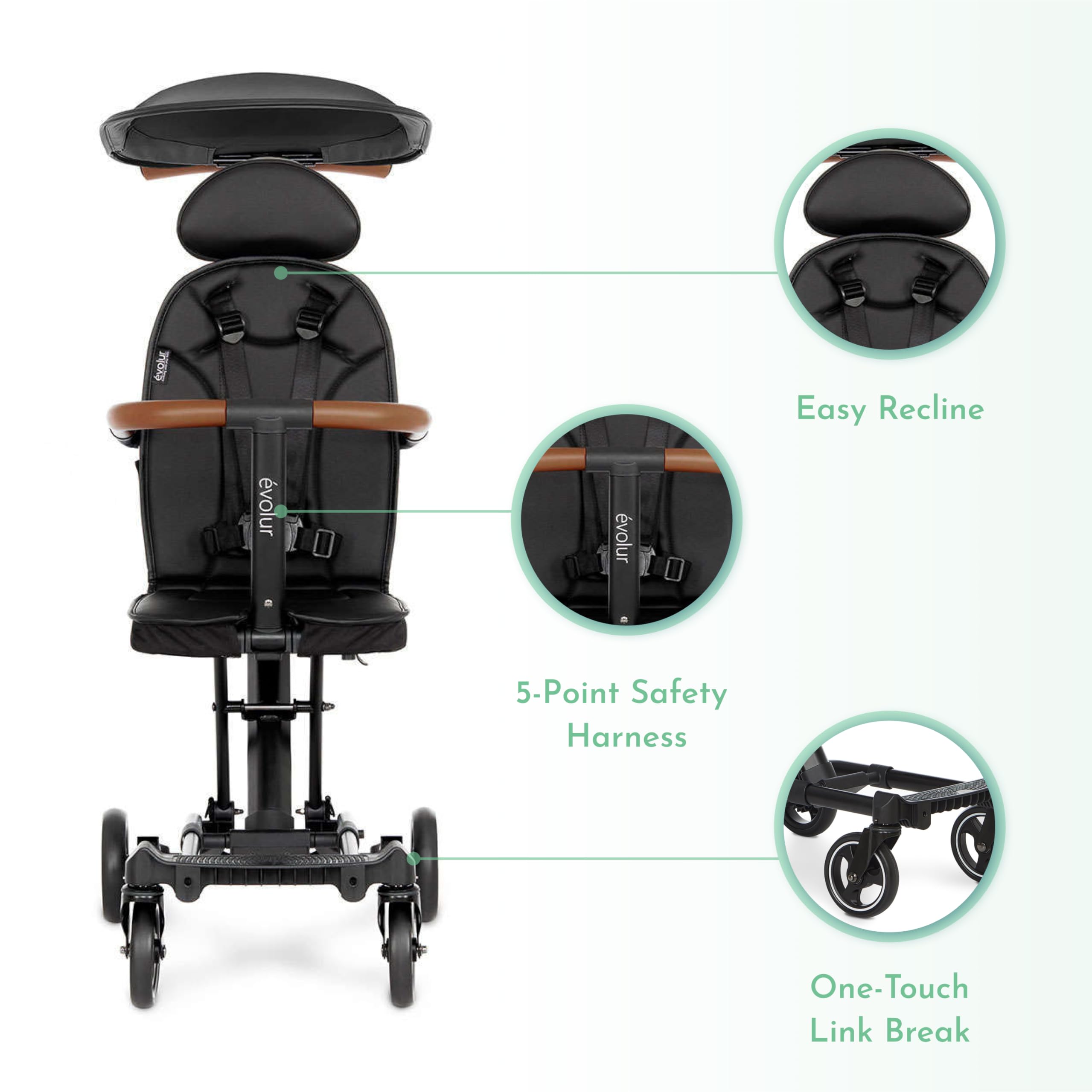 Evolur Cruise Rider Lightweight Compact Fold Stroller with Canopy - Easy to Carry Travel Stroller for Toddlers - Perfect for Air Travel, Shopping & Daily Walks (Noir Black)