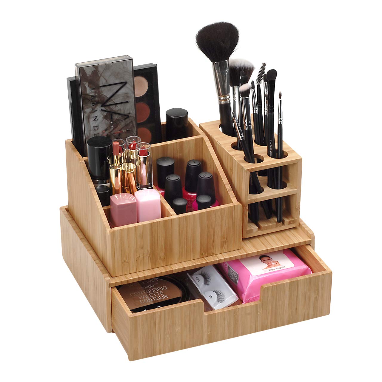 MobileVision Bamboo Makeup Organizer 3-Piece Set - 5-Section Brush Holder, 4-Compartment Cosmetic Caddy & Storage Drawer | Perfect for Vanity, Bathroom Counter & Travel Organization