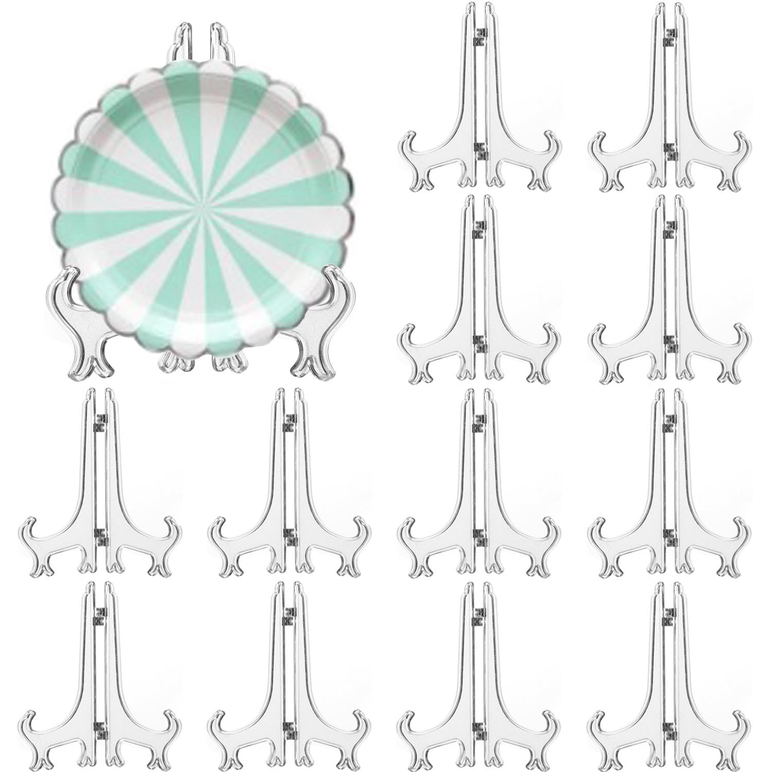 12 Pack 5 Inch Clear Plastic Easels - Picture Frame Stands & Plate Holders for Wedding Displays, Home Decor, Birthday Parties, Tabletop Decorations - Perfect for Photo Displays, Art Exhibits, and Retail Merchandising