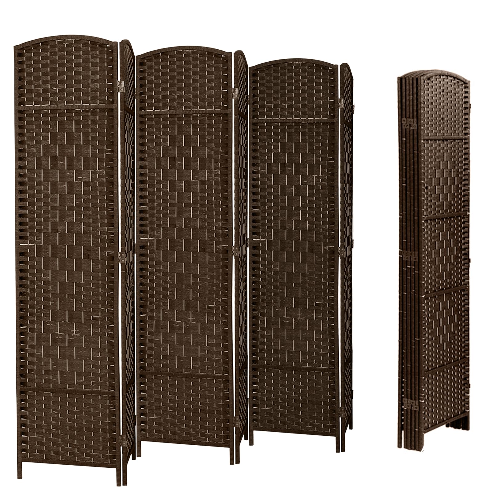 HGS 6 Panel Wooden Room Divider - 6FT Foldable Privacy Screen, Freestanding Partition with Weave Fiber Design in Brown | Perfect for Home Office, Bedroom Separation, and Event Spaces