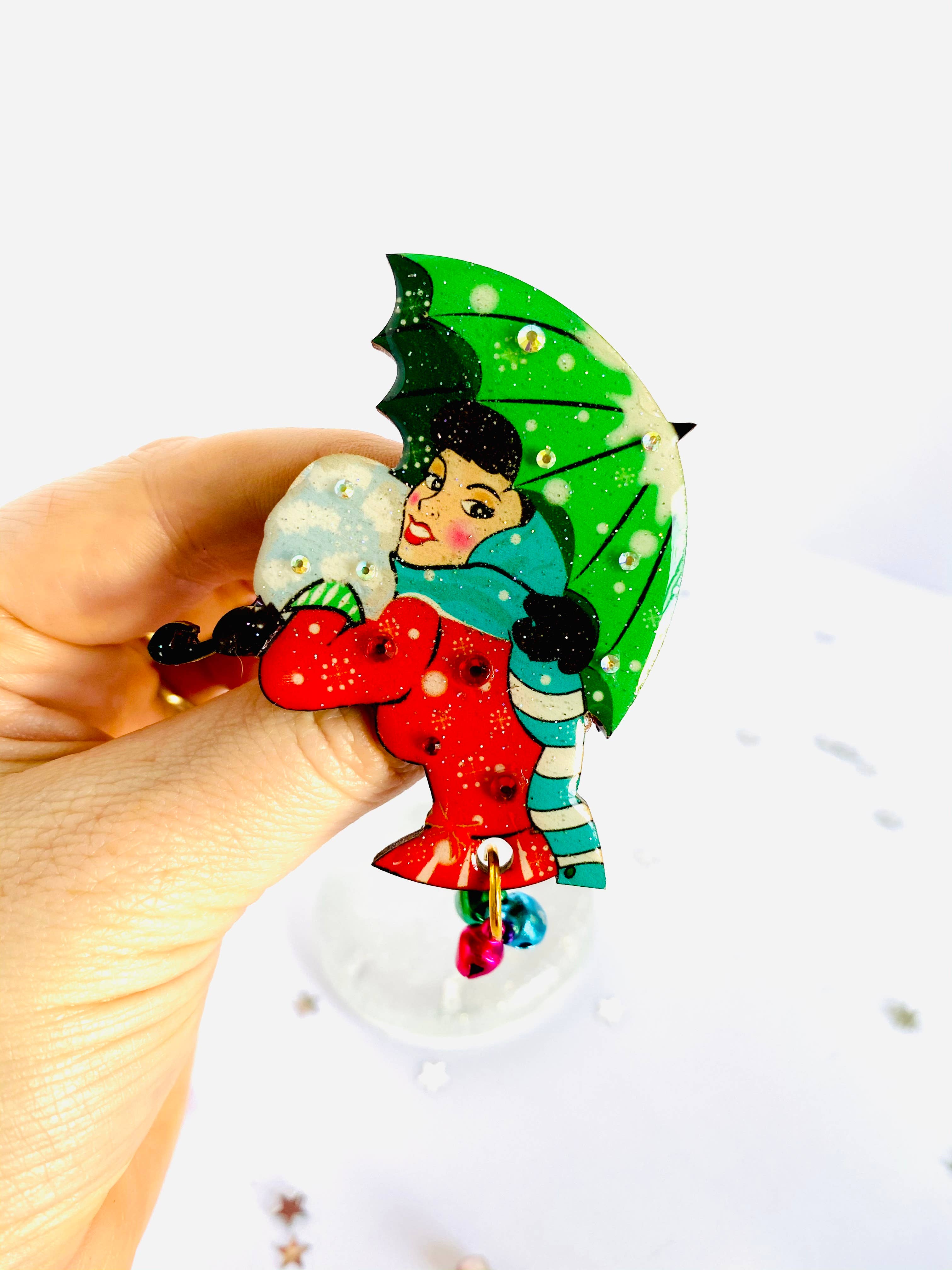 Christmas Umbrella Brooch by Rosie Rose Parker - Festive Holiday Jewelry for Women, Elegant Pin for Winter Coats, Scarves & Christmas Sweaters