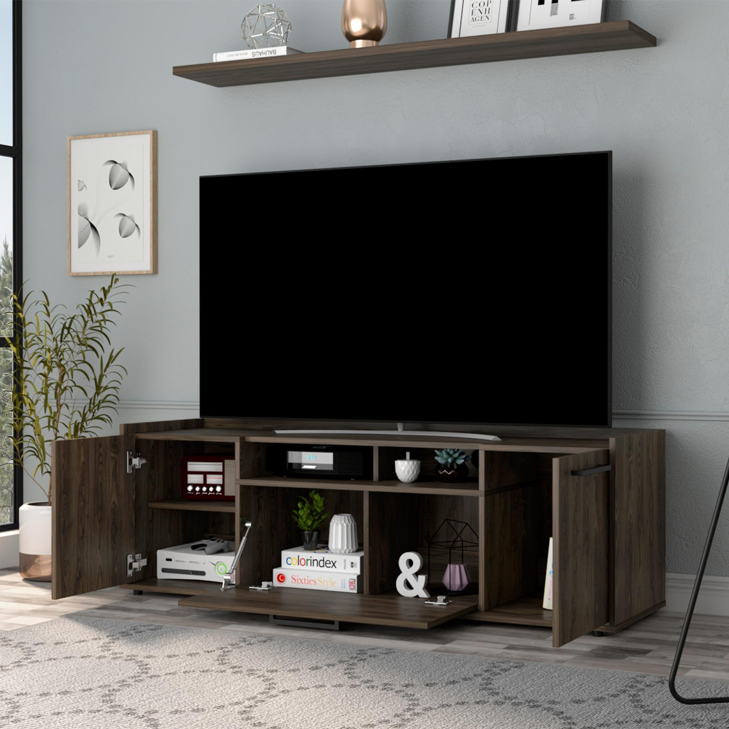 Tuhome Lyon TV Stand for TVs up to 55 Inches with One Cabinet and Double Doors in Dark Walnut - Perfect for Living Room, Bedroom, or Home Theater Setup