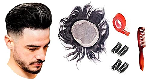 Premium Mono Lace Toupee for Men - 100% Human Hair Replacement System with Small Tape & 4 Clips (9x7 Inch, Natural Black Brown) - Ideal for Daily Wear, Hair Loss Solutions & Styling for Men & Boys