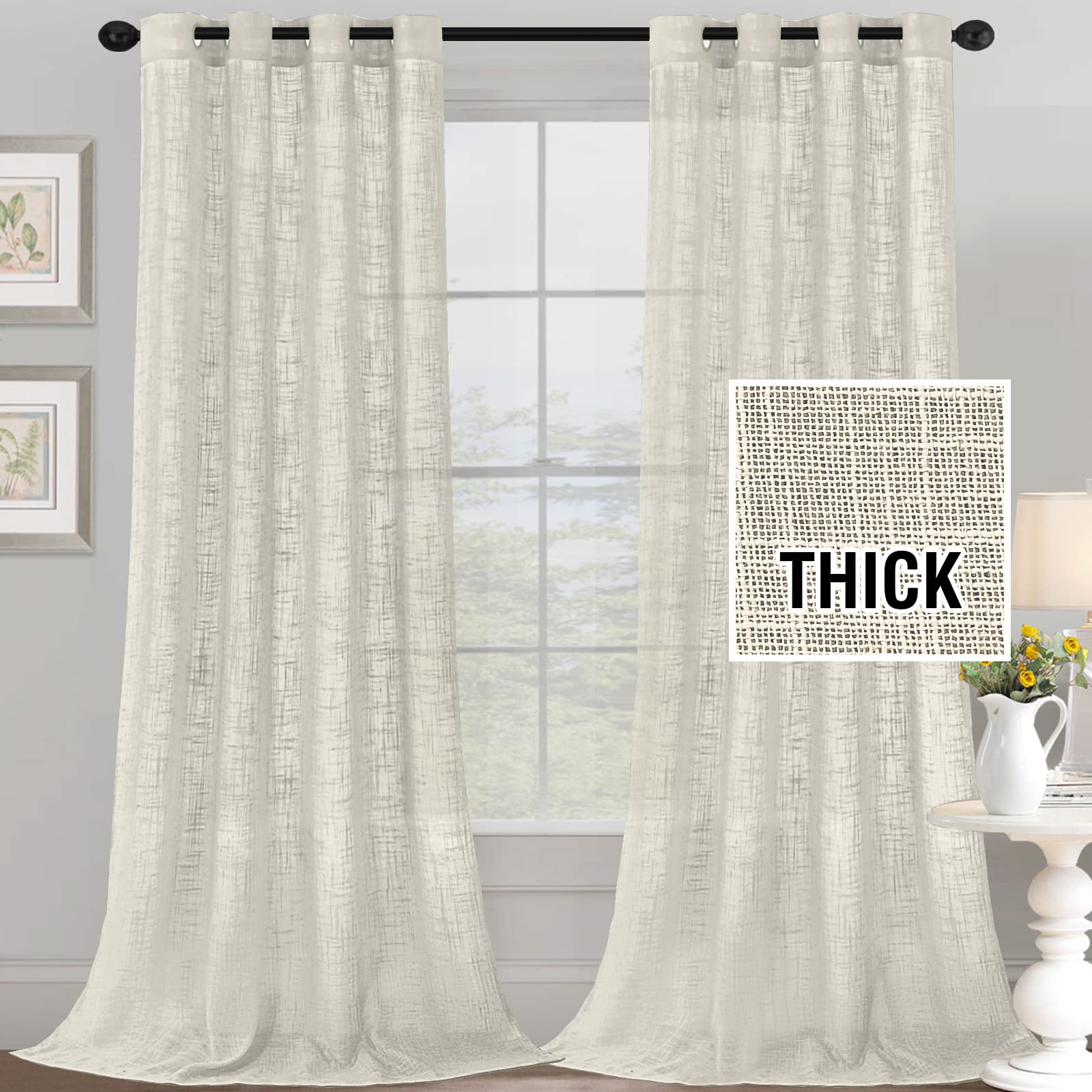 Premium Linen Blend Curtains for Living Room & Bedroom - Light Filtering, Privacy, 2 Panel Set (52