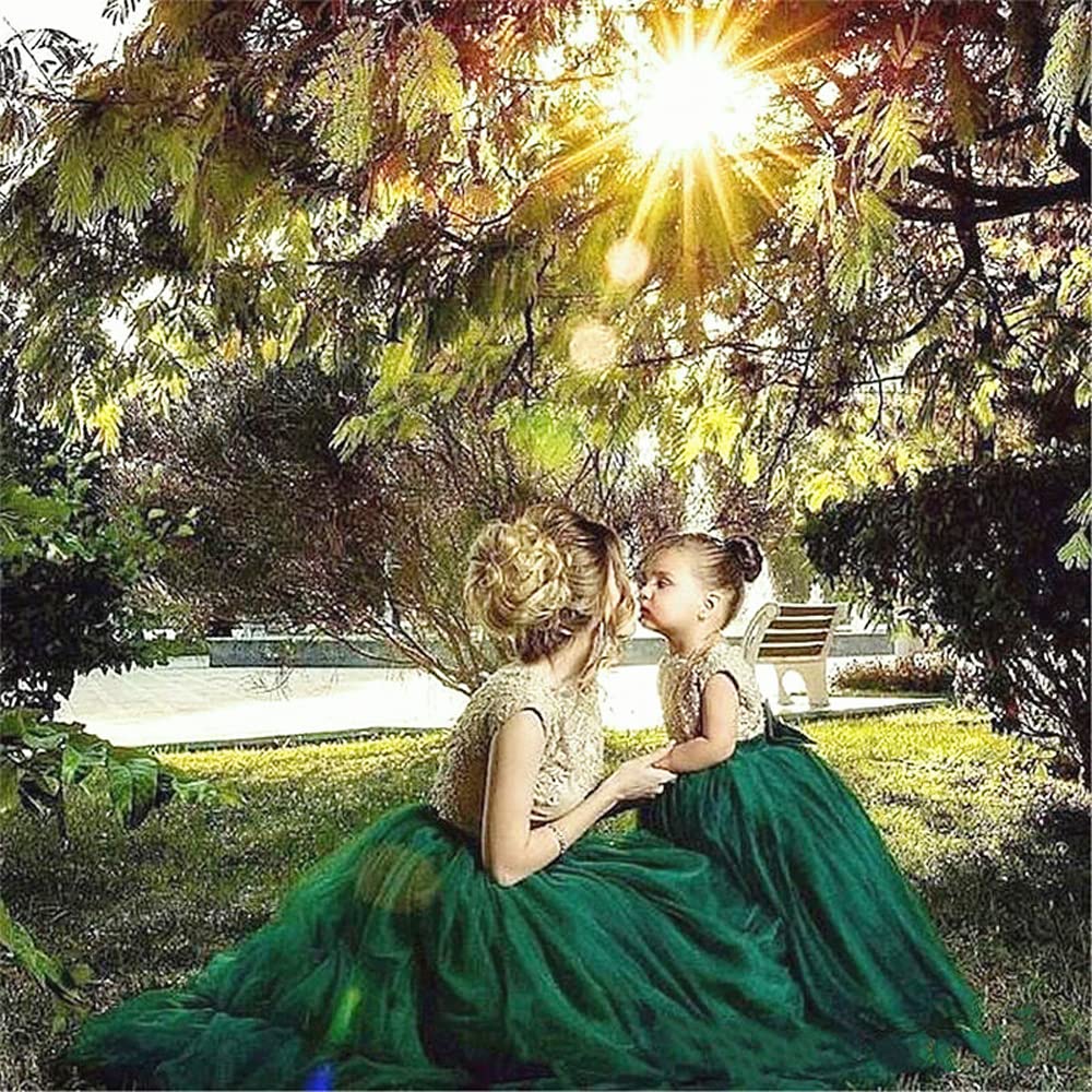 Emerald Flower Girl Dress with Gold Lace for Wedding Party