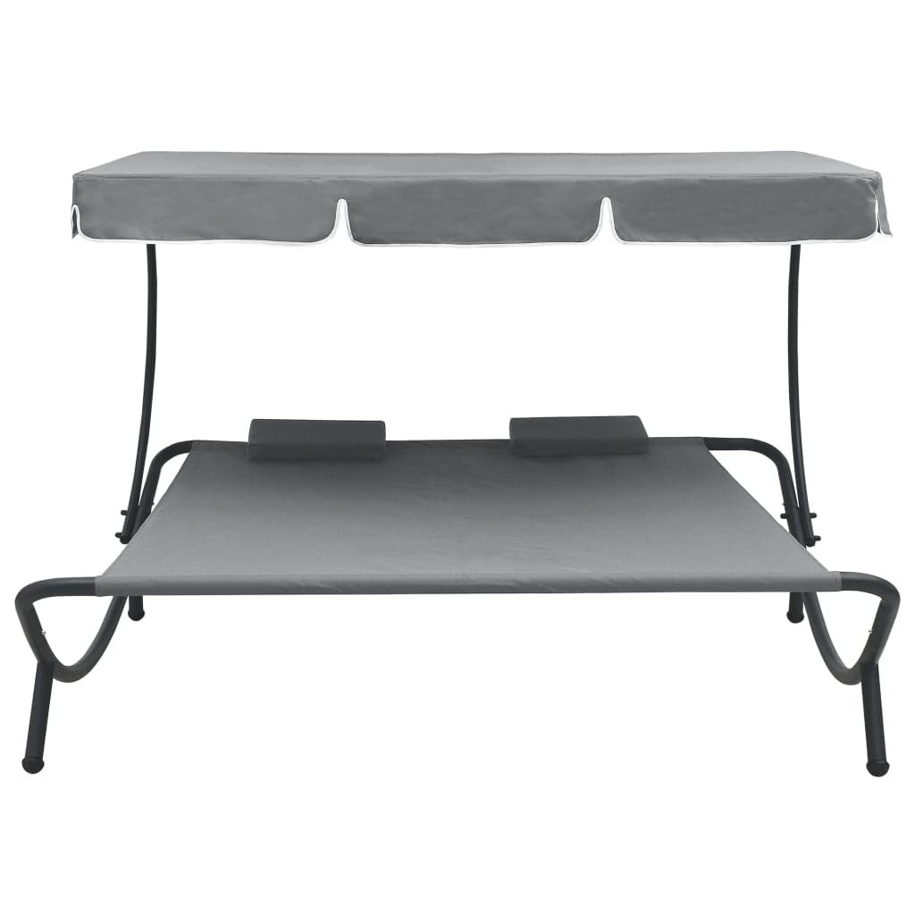 vidaXL Outdoor Double Chaise Lounge with Canopy & Pillows - Patio Daybed for Backyard, Poolside, Lawn - Gray Water-Resistant Lounge Chair for Sunbathing & Relaxing